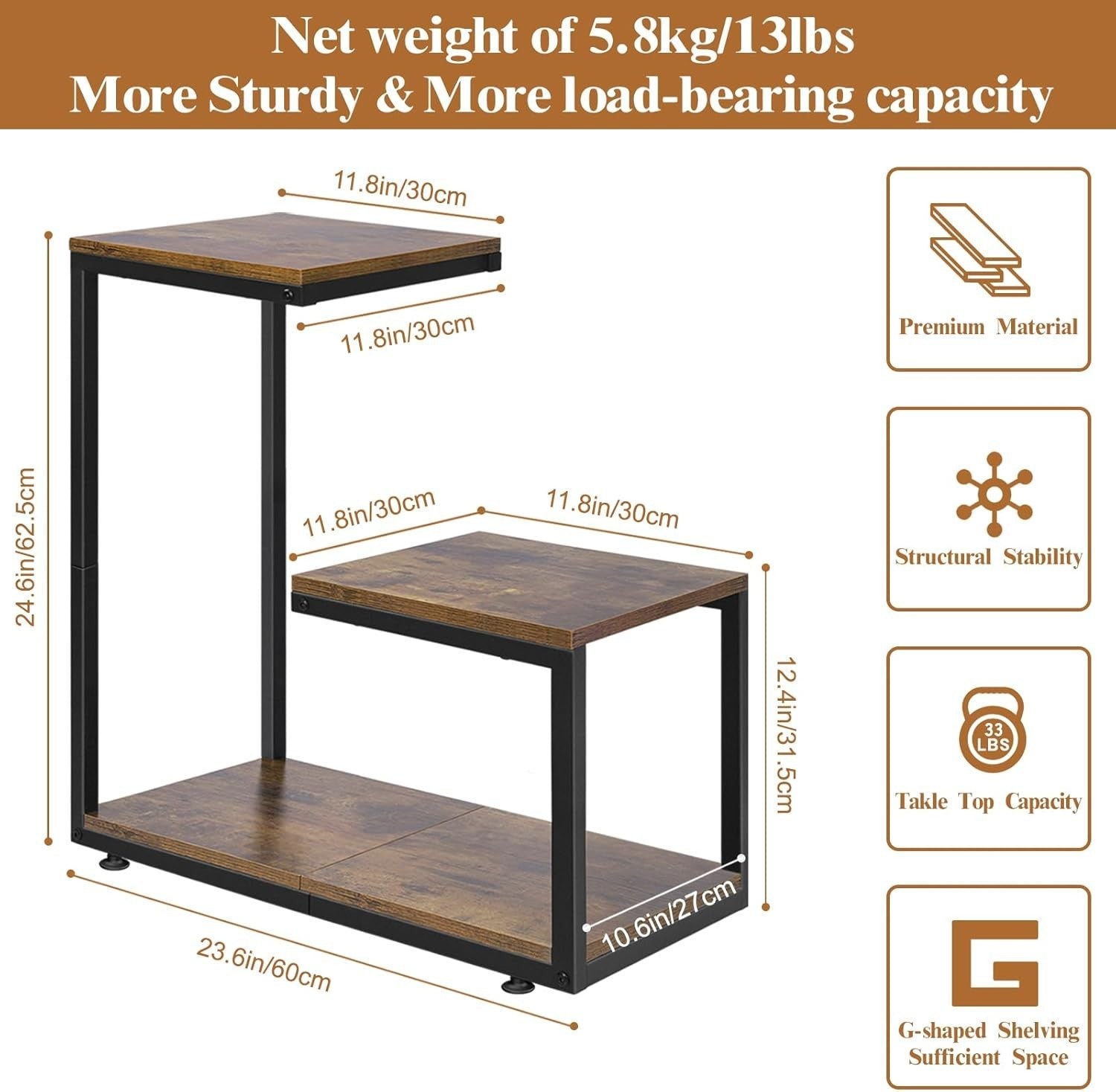 G-Shaped 3-Tier Side Table with Storage Metal Frame Rustic Brown Small Space