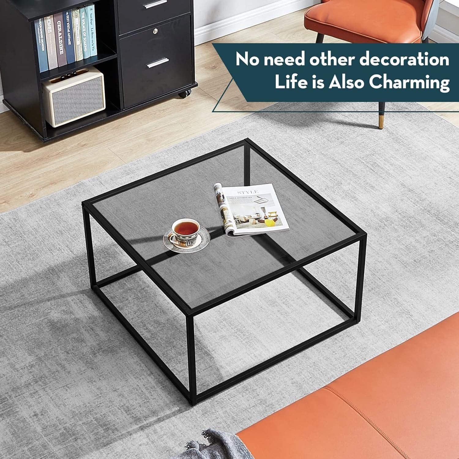 Modern Glass Coffee Table Grey – Small Square Center Table for Living Room