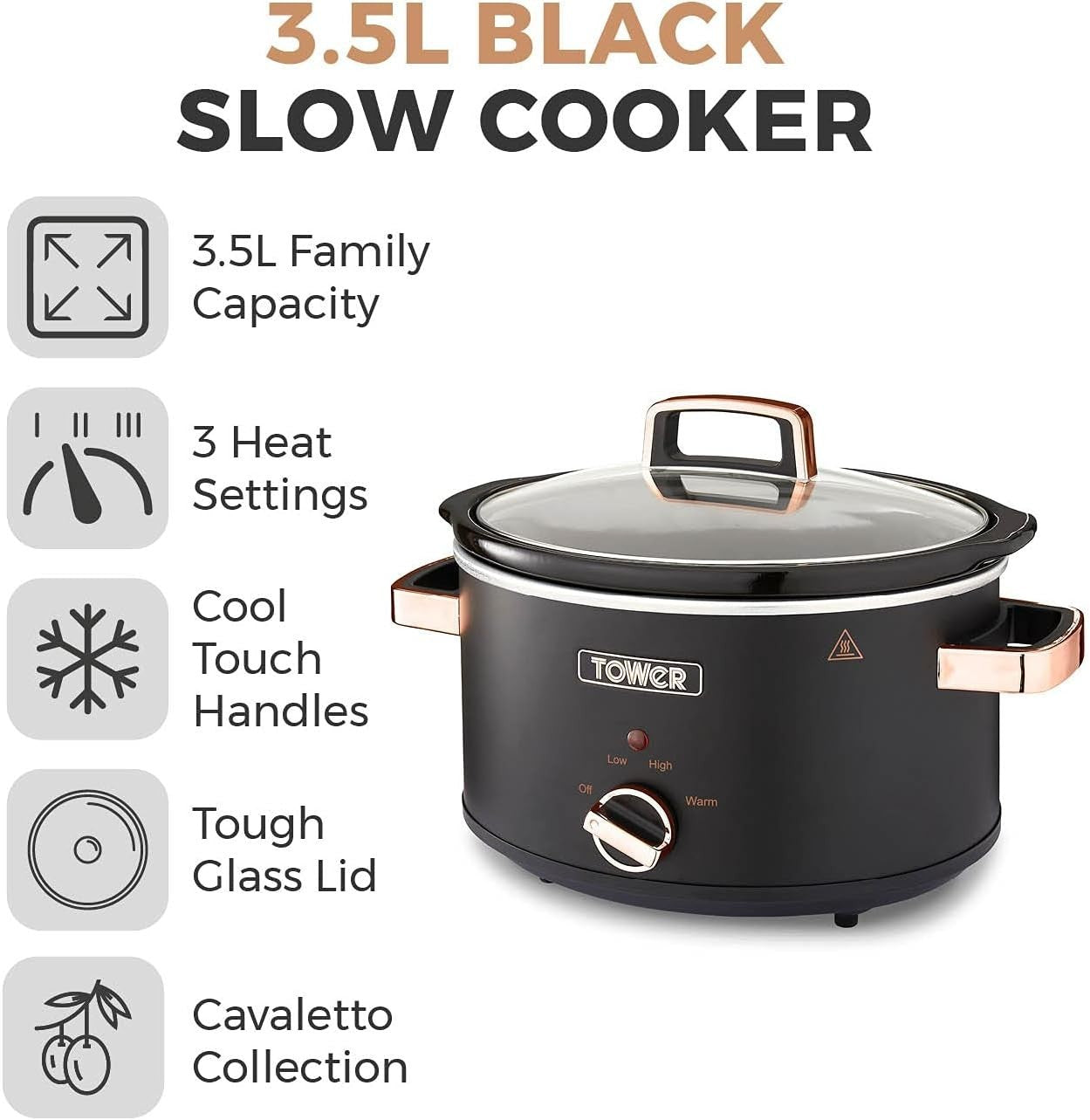 3.5L Slow Cooker with Removable Pot, 3 Heat Settings, Cool Touch Handles