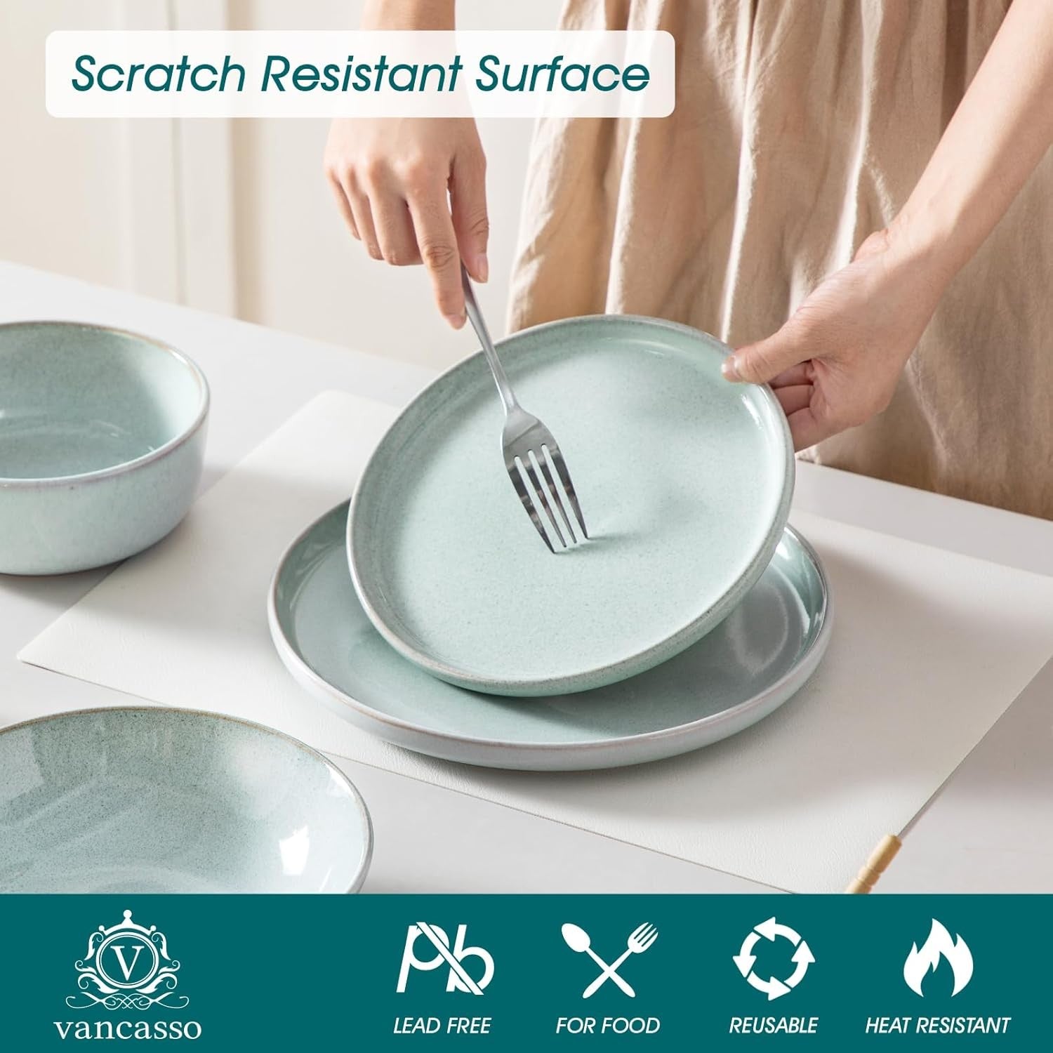 24pc Ceramic Dinner Set Mint Green Plates Bowls Microwave Dishwasher Safe