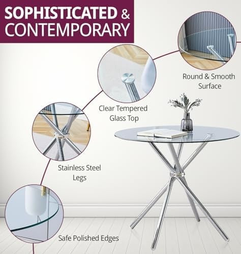 Round Glass Dining Table 90cm Tempered Top Stainless Steel Legs Modern