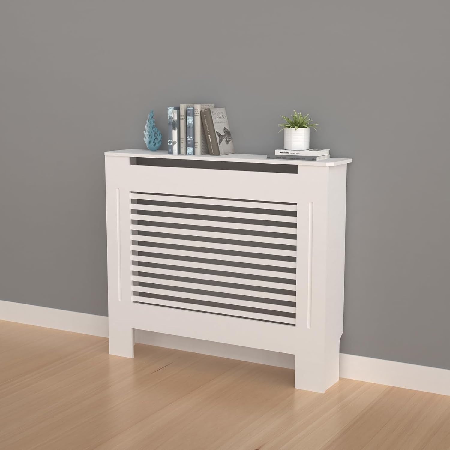 Tall Radiator Cover White MDF Cabinet | Horizontal Slats Modern Shelf 100cm