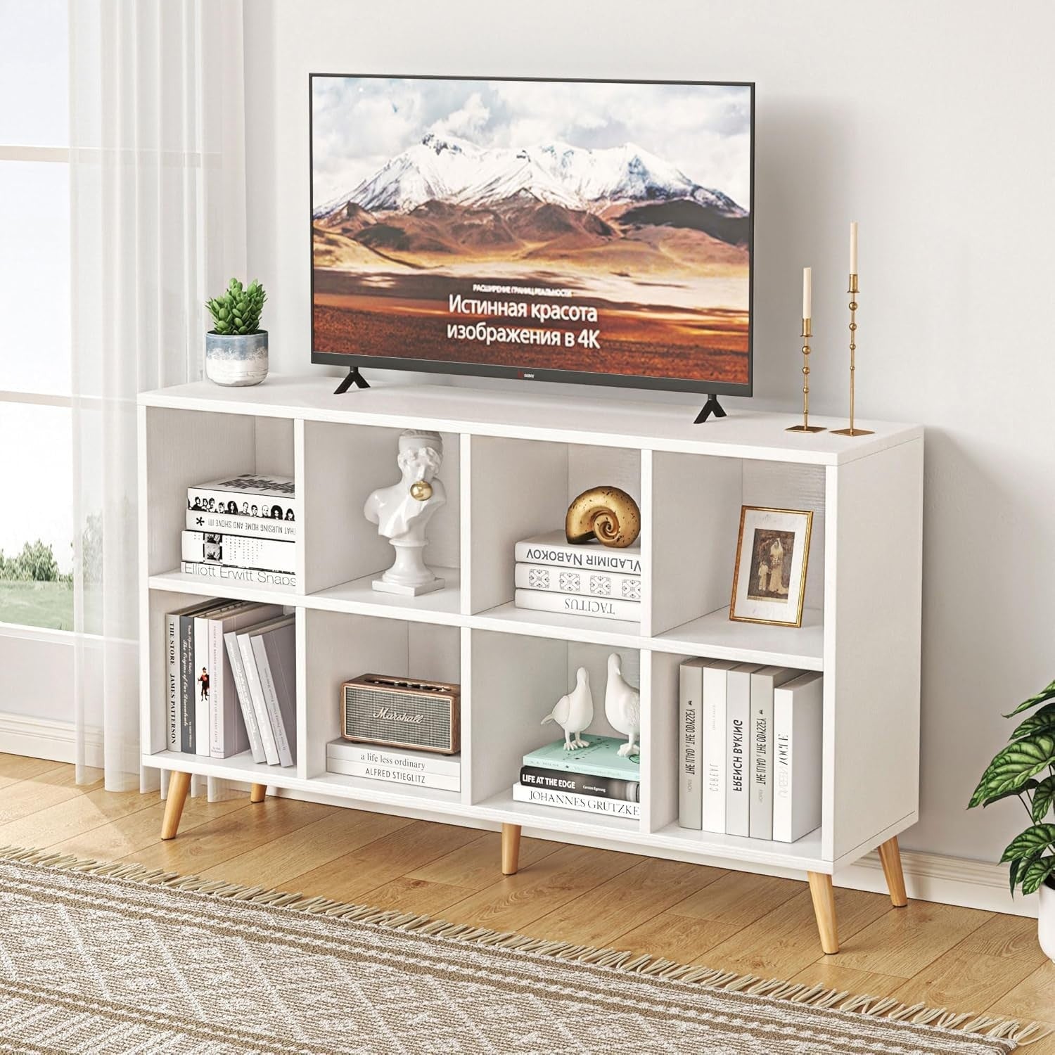 8 Cube Modern Bookcase with Legs White Wooden Storage Shelf 120cm