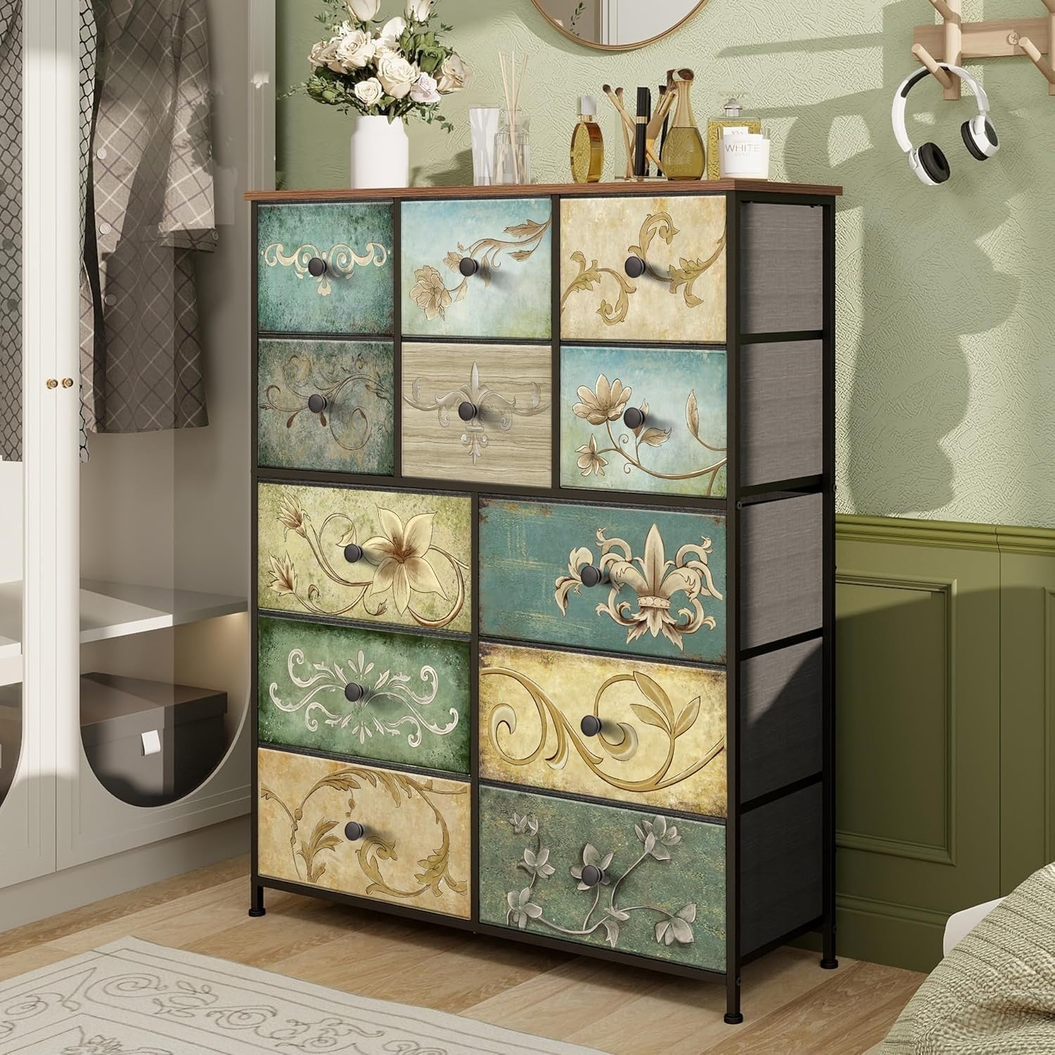 Vintage Boho 12-Drawer Fabric Dresser Chest – Rustic Storage for Bedroom, Hallwa
