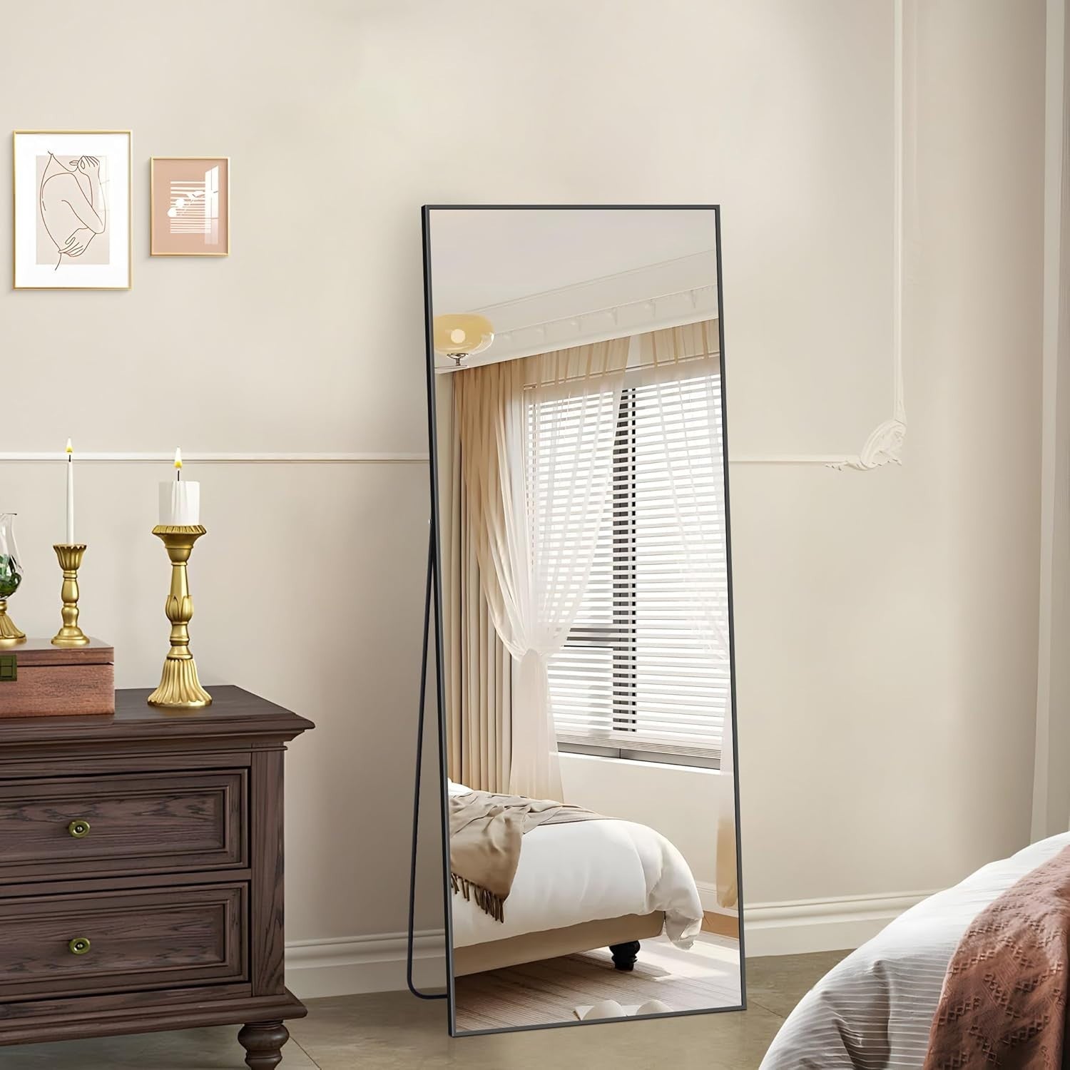 Full Length Black Mirror 147x44cm Freestanding & Wall Mount Bedroom Use