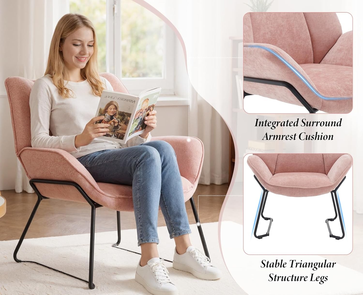 Pink Chenille Accent Tub Chair Metal Legs Modern Armchair