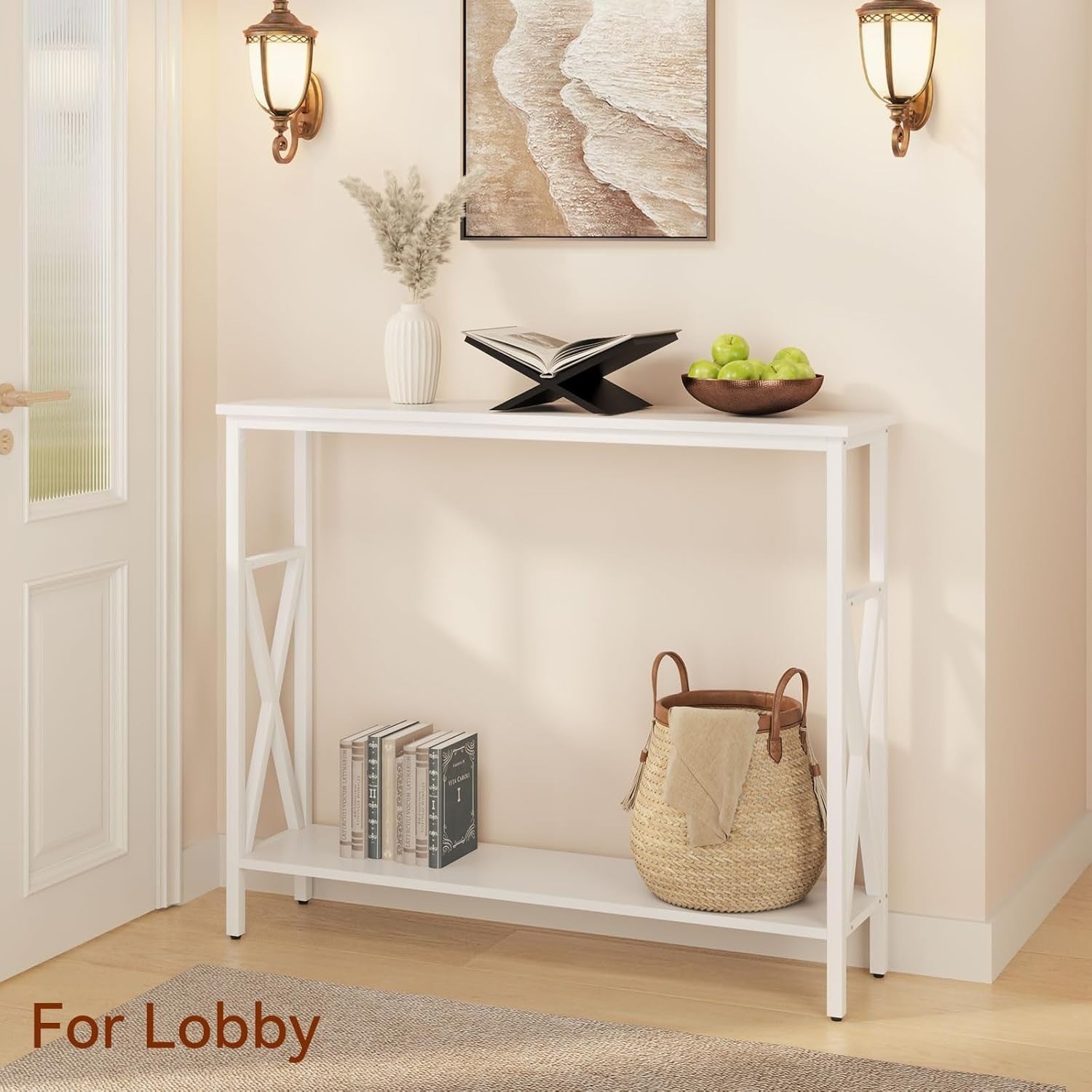 Compact Industrial Console Table with Adjustable Feet & Metal Frame, White