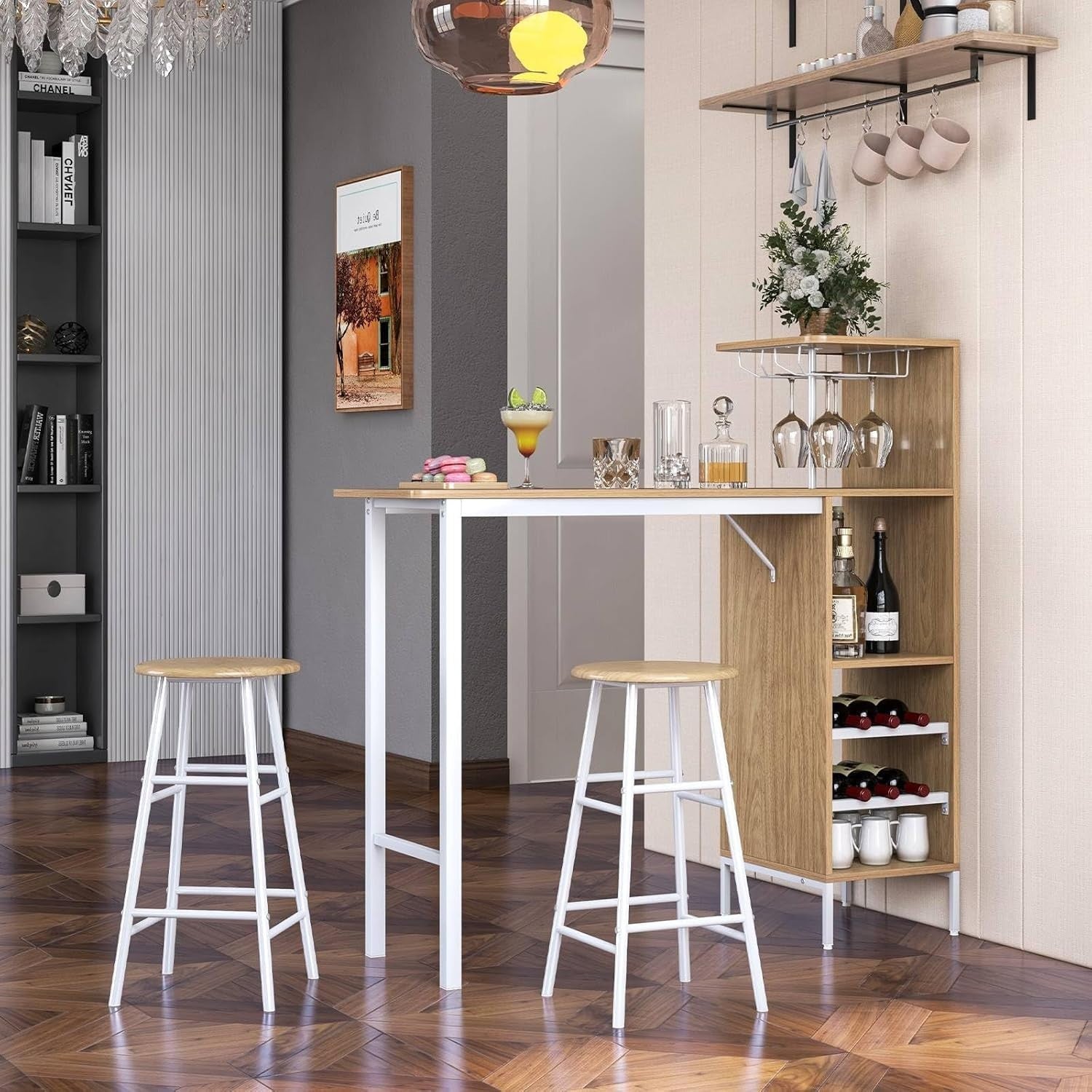 Natural 3-Piece Bar Table Set Shelves, Wine Rack & 2 Stools, Industrial Dining