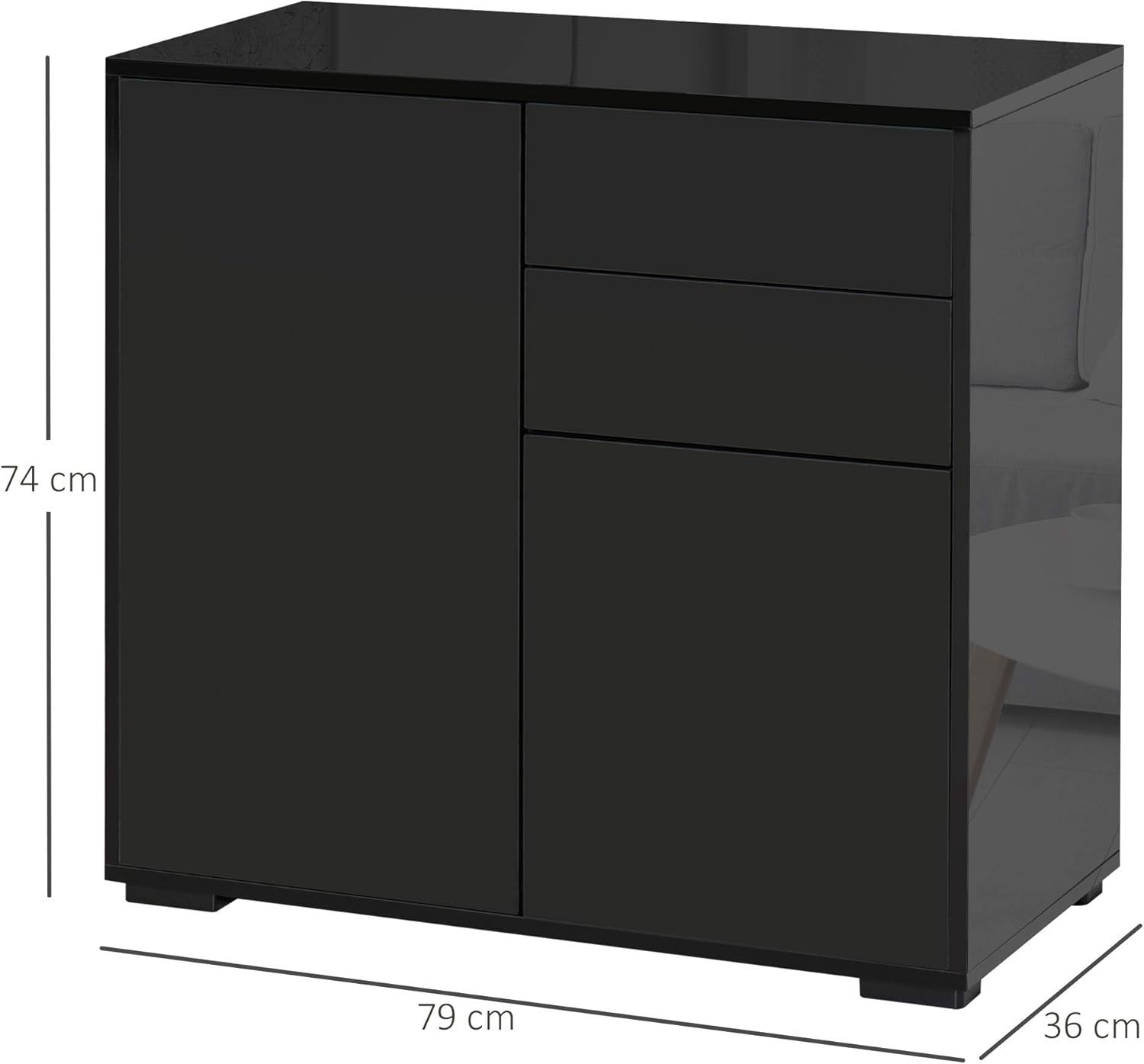 Black High Gloss Sideboard Cabinet 2 Doors 2 Drawers Push-Open Storage