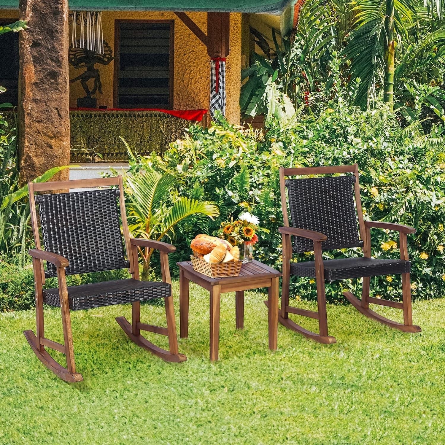 3-Piece Outdoor Rocking Chair Set with Table – Comfortable Patio Bistro