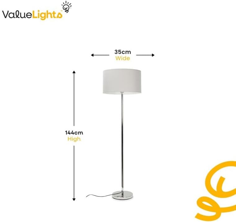 Modern Floor Lamp Chrome Standing Light Grey Drum Shade Living Room Bedroom