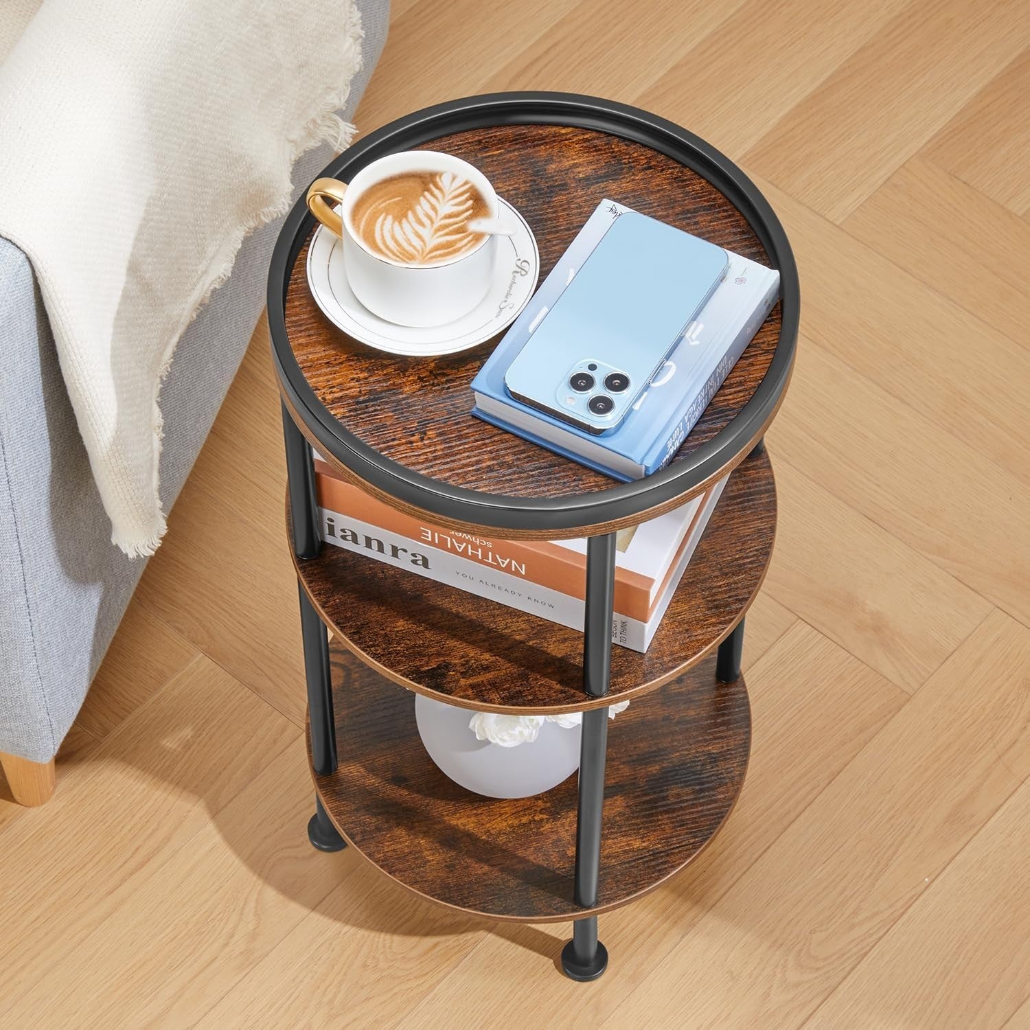 3 Tier Round Side Table with Storage Shelf Metal Frame Small Space Brown 30x55.
