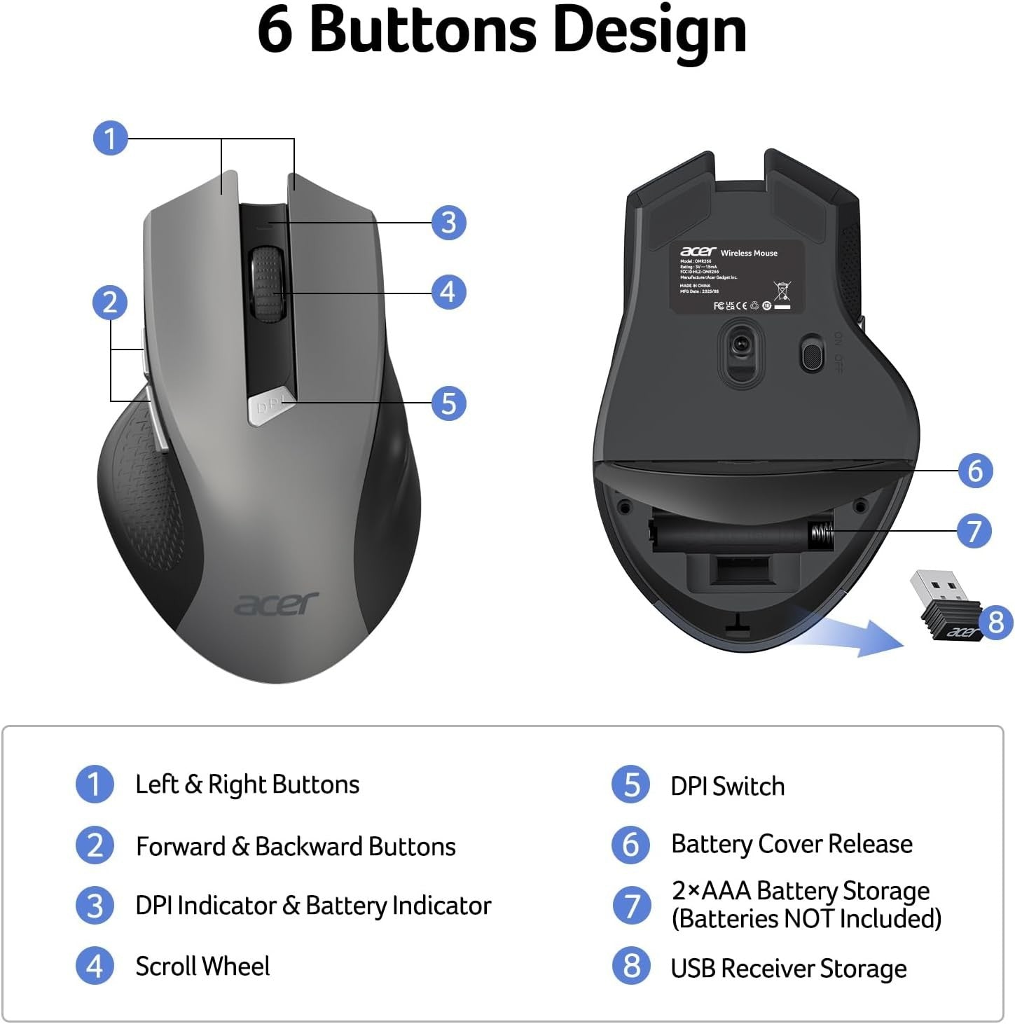 Ergonomic Wireless Mouse 2.4GHz 6-Button Adjustable DPI for Laptop PC
