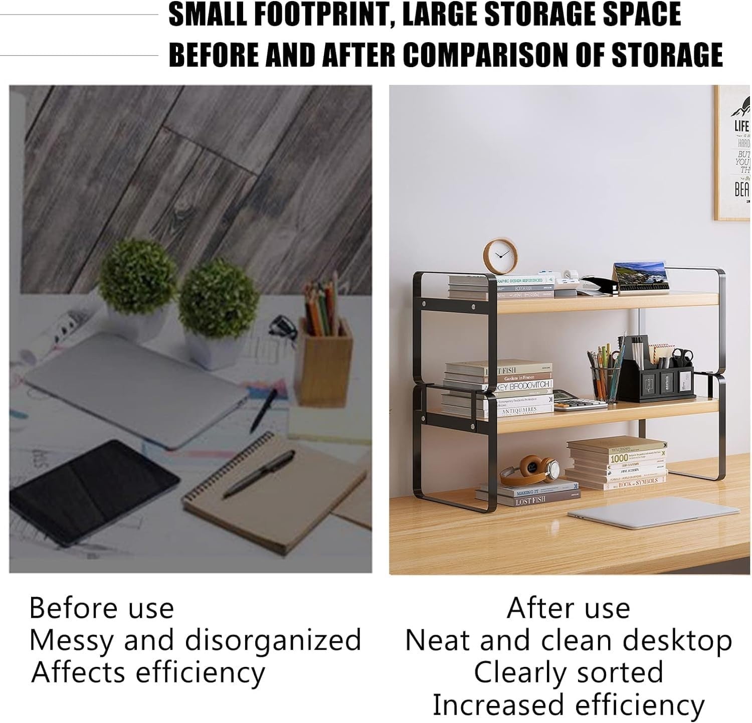 Wood Desk Shelf Organizer – Adjustable 2-Tier Desktop Storage Rack for Office