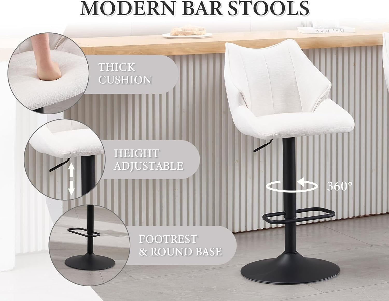 White Chenille Bar Stool Set of 2 Adjustable Swivel Kitchen Counter Chairs