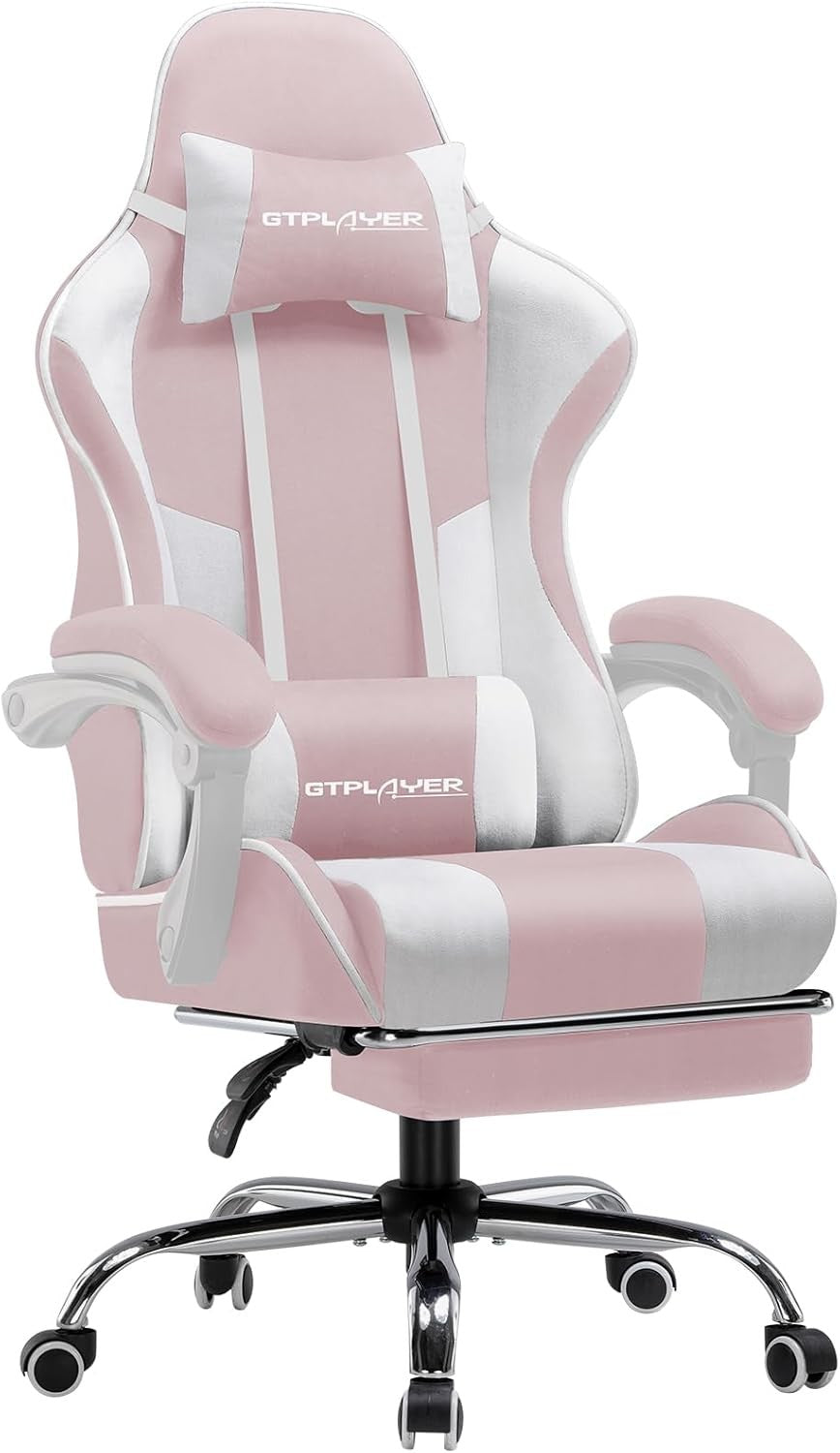Ergonomic Gaming Chair Massage Lumbar Support Footrest Pink