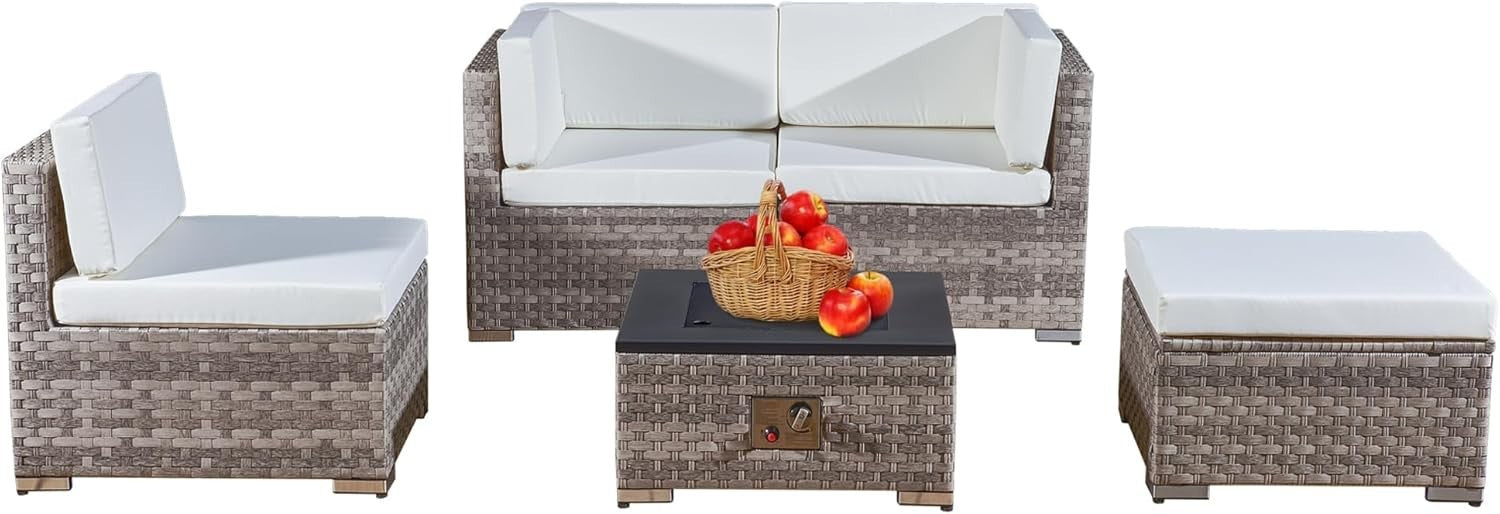 4-Piece Outdoor Rattan Sofa Set with Fire Pit Table Patio Garden Furniture Grey