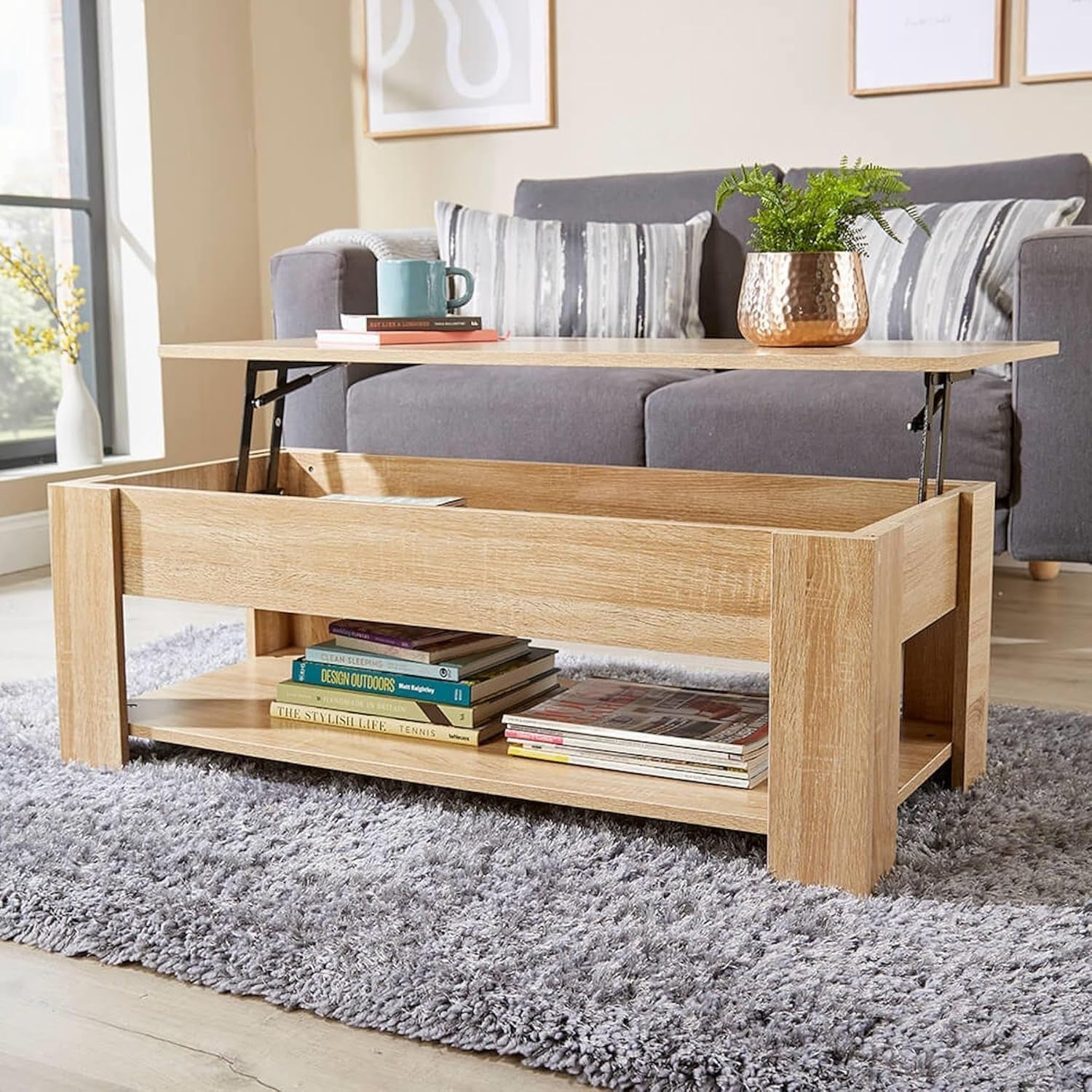 Oak Coffee Table with Lift-Up Storage & Magazine Shelf 100x50cm