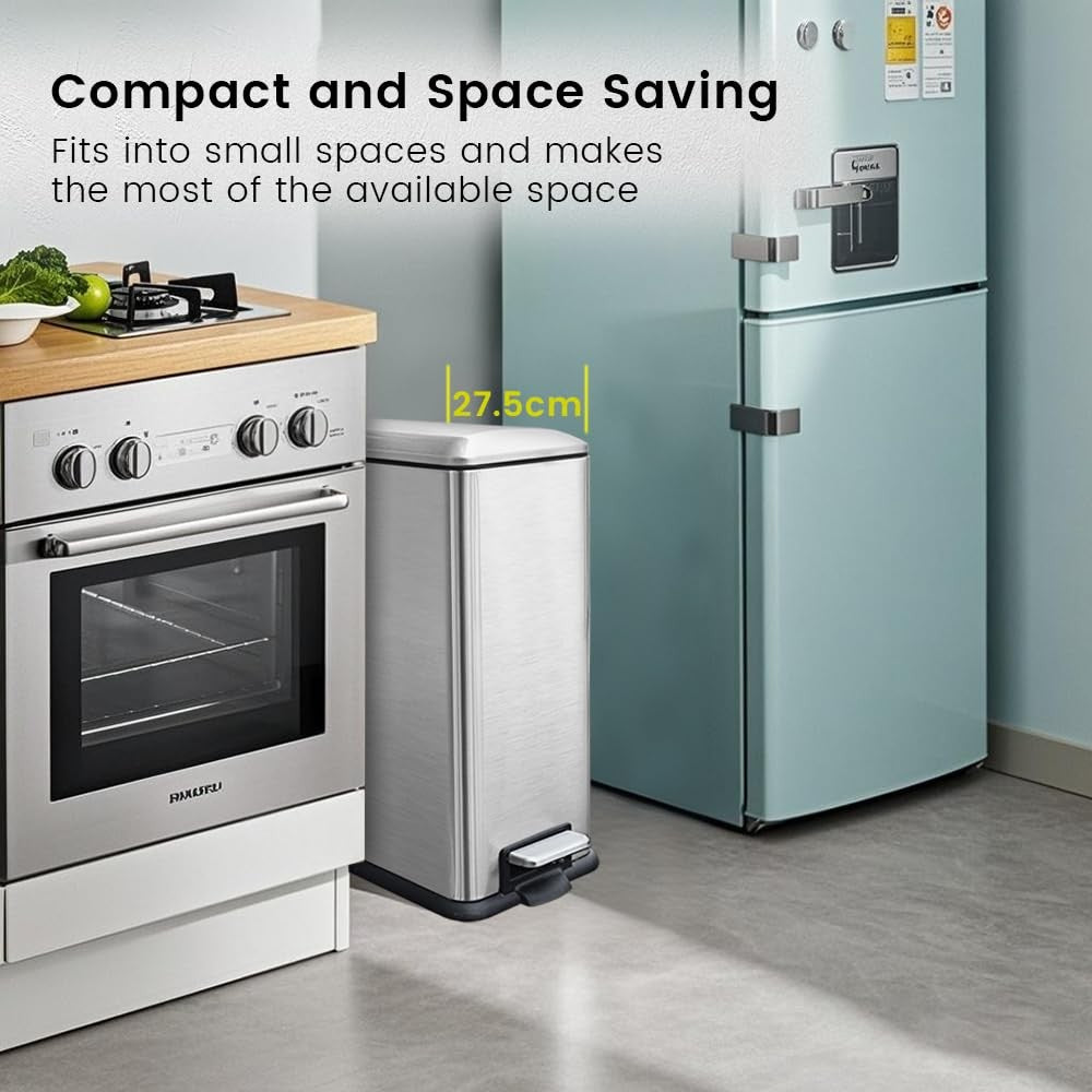 45L Stainless Steel Kitchen Pedal Bin Soft Close Lid Silver