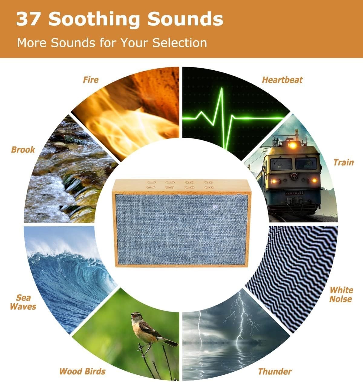 Wooden White Noise Machine – 37 Sounds, Dual Stereo, 24H Battery