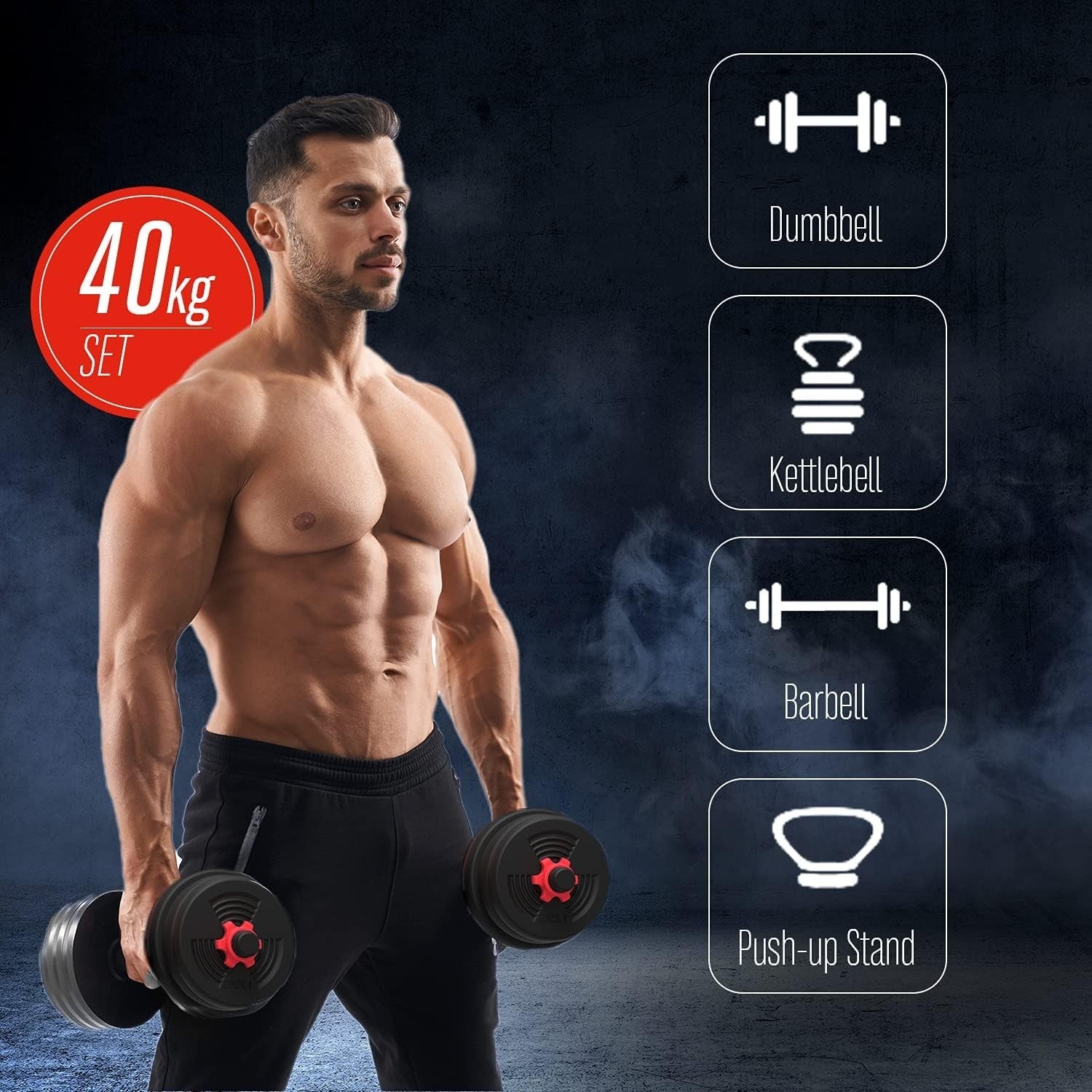 Adjustable 6 in 1 Dumbbell Barbell Kettlebell Set 30–40KG Home Gym