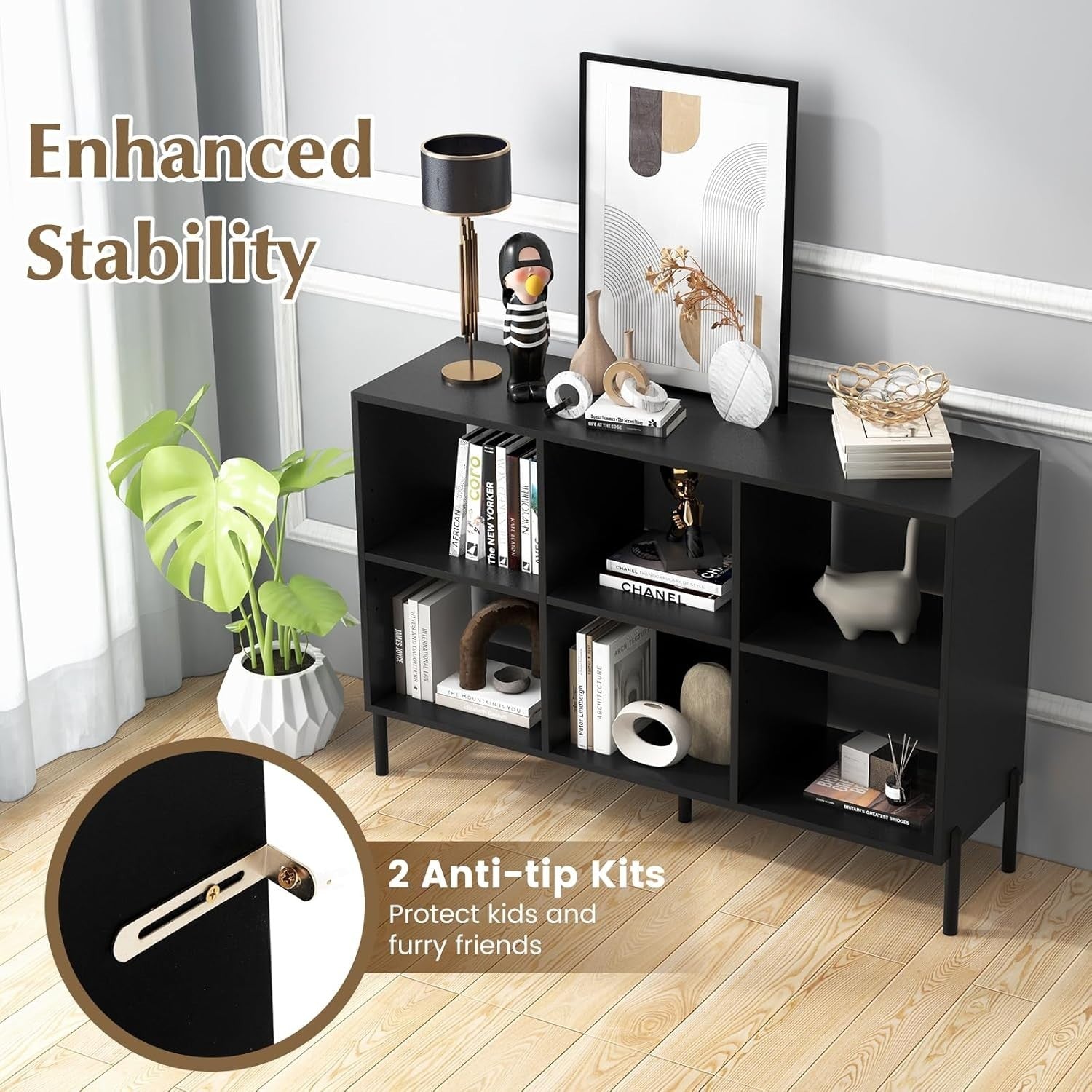 Black 6-Cube Adjustable Storage Bookcase with Metal Legs 120x35x78cm
