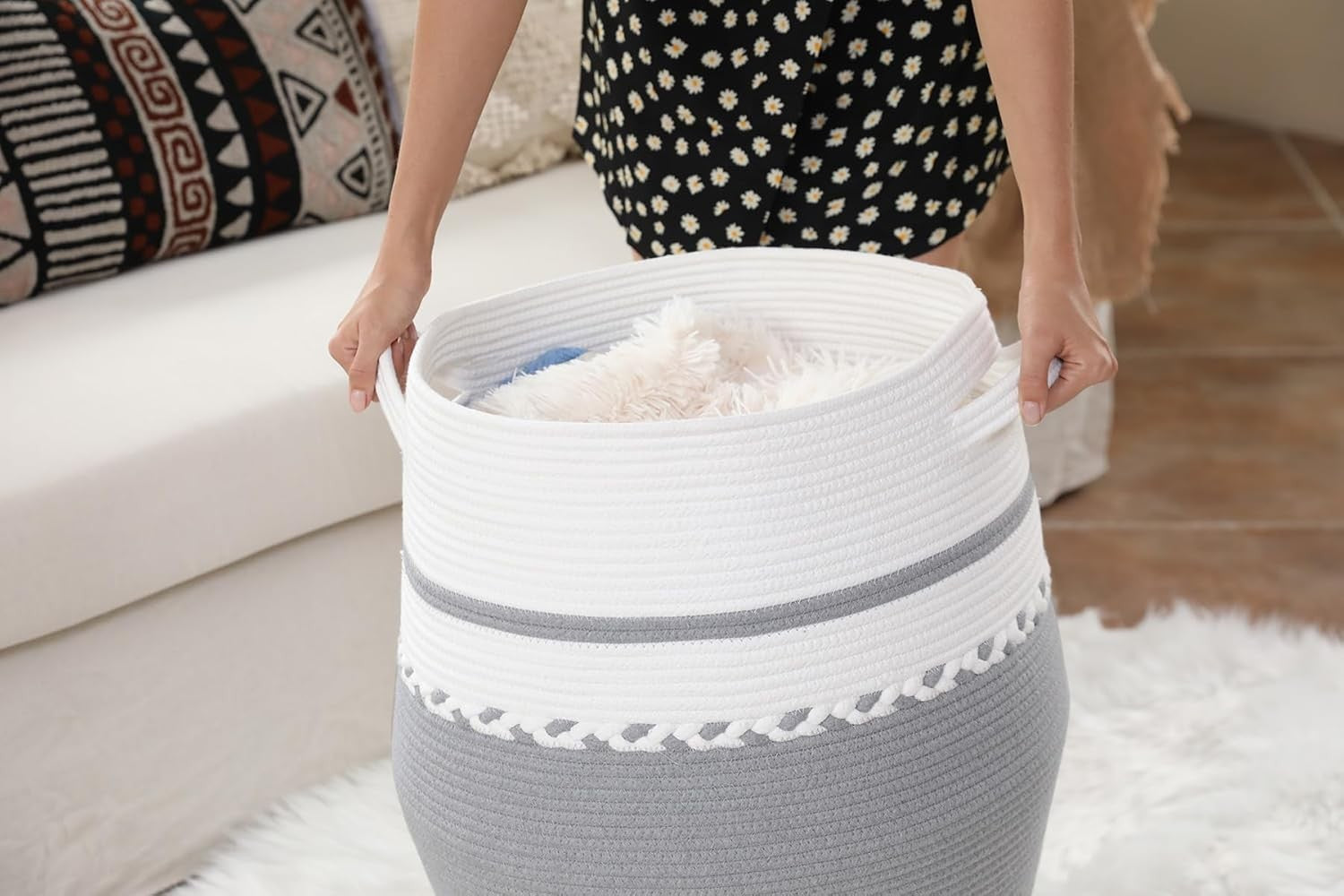XL 26" White Grey Cotton Rope Laundry Basket with Lid Large Woven Storage Bin