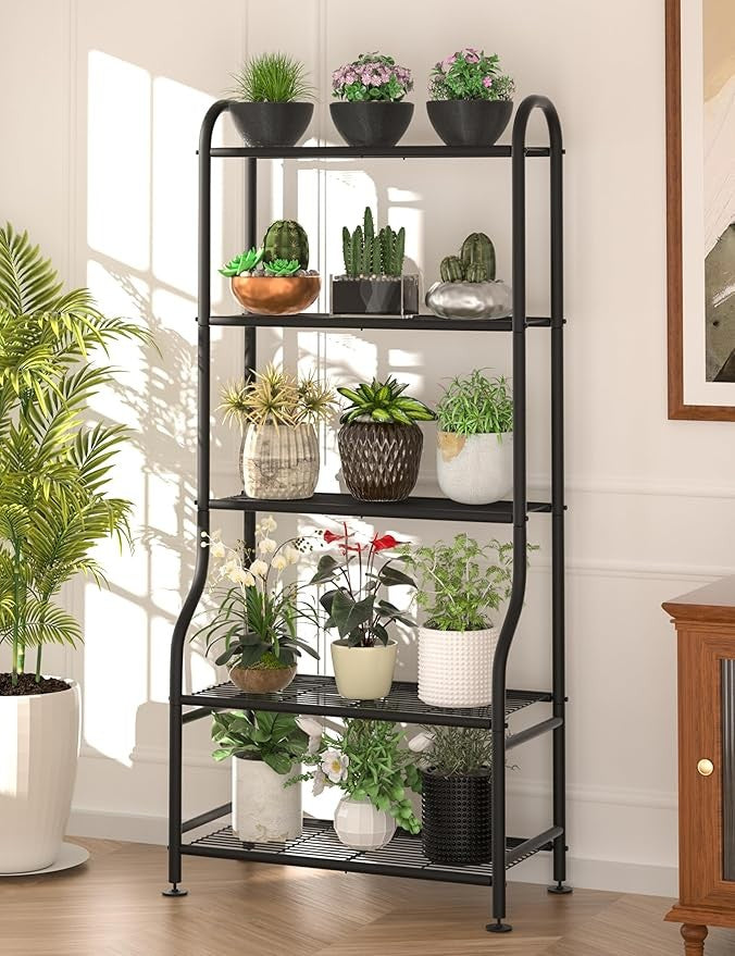 5 Tier Metal Plant Stand Indoor Outdoor Waterproof Tall Flower Shelf Black