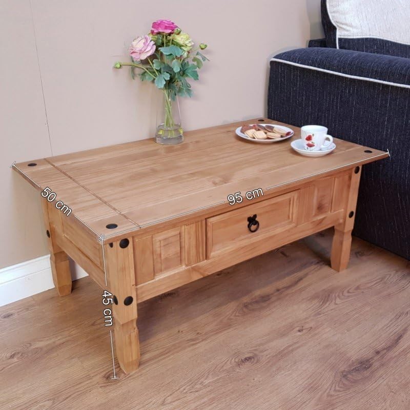 Solid Pine Coffee Table with Drawer Antique Wax 95x50x45cm Storage