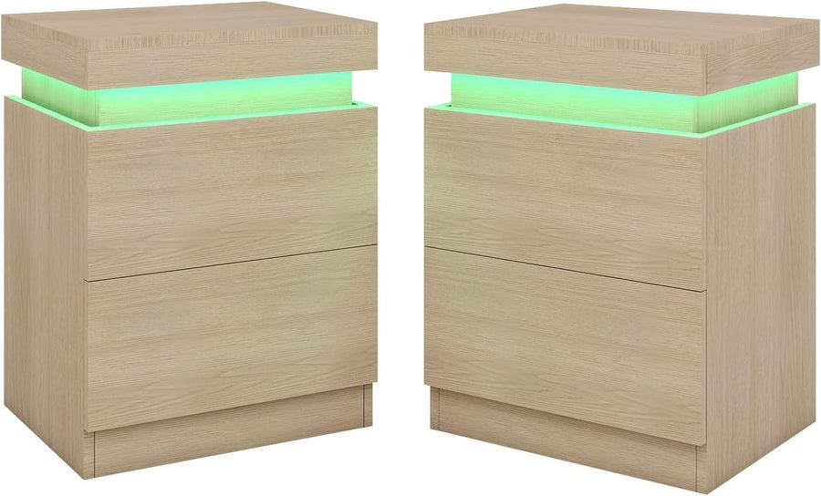 Set of 2 Oak LED Bedside Tables with USB Charging | Modern 2 Drawer Nightstand
