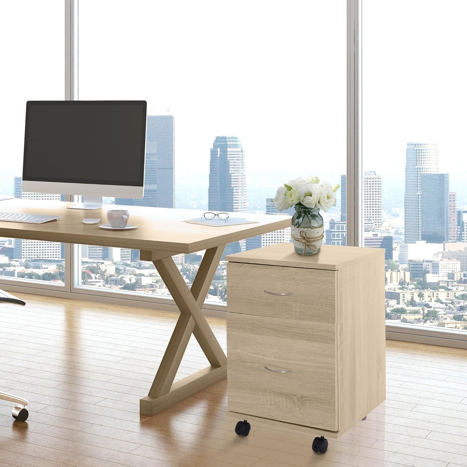Oak Rolling File Cabinet 2 Drawer Under Desk Printer Stand Storage