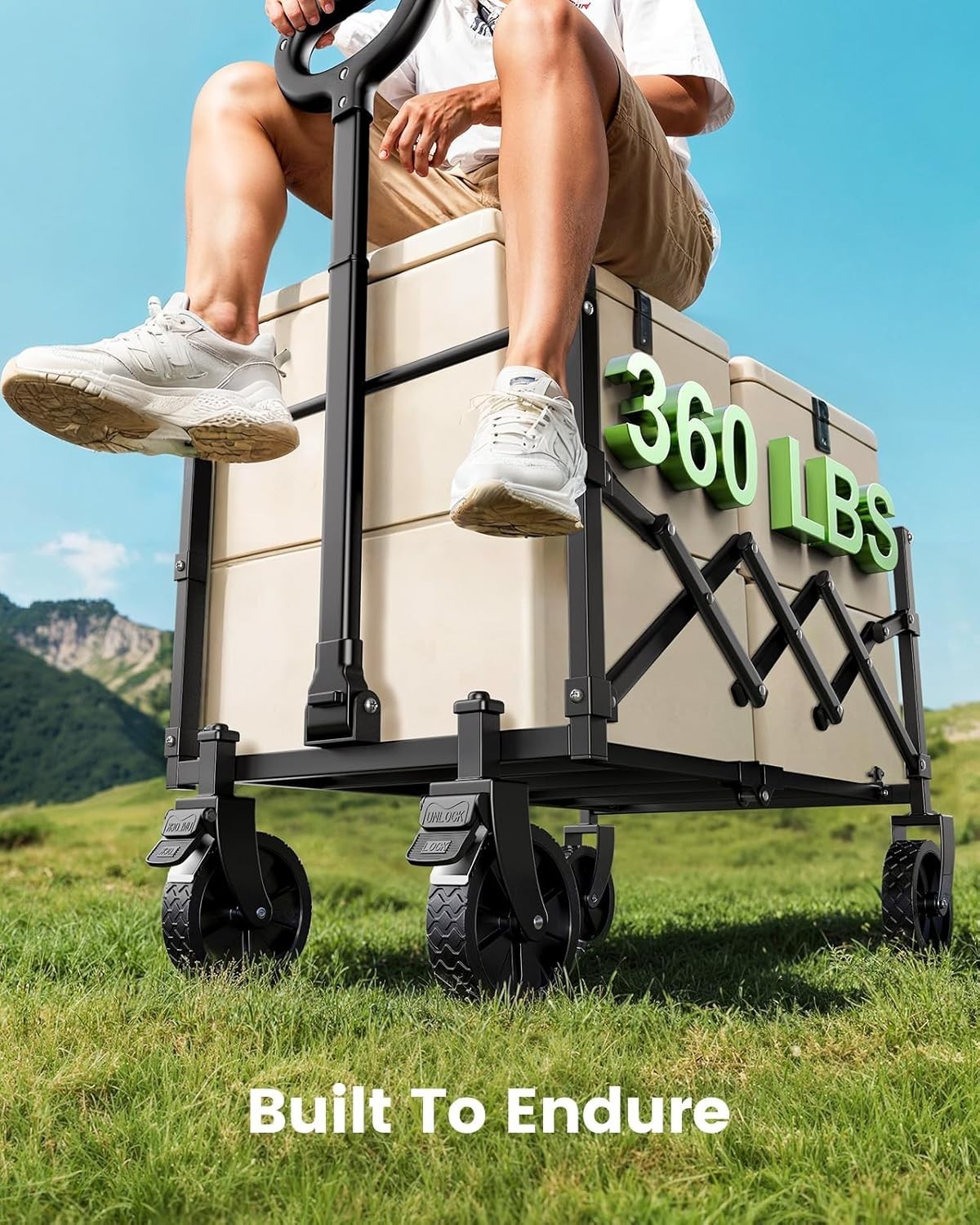 Grey 90L Folding Festival Trolley Expandable Camping Wagon 360lbs Heavy Duty