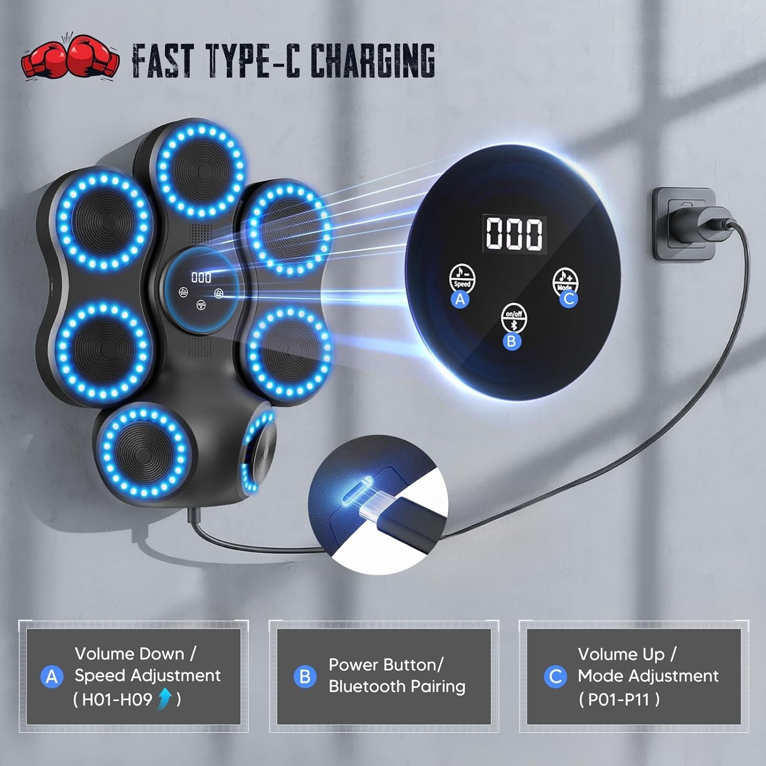 Music Boxing Machine LED Punch Trainer Bluetooth Wall Mounted Gloves Pad