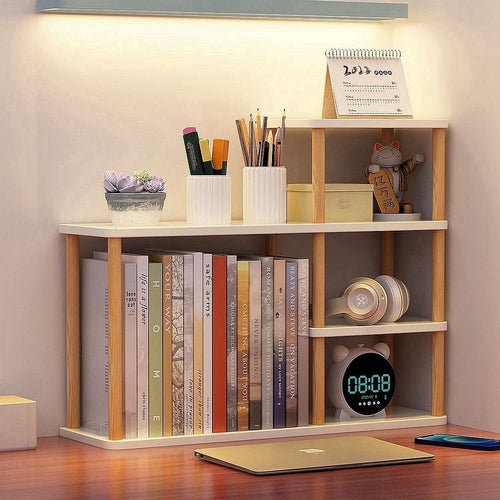 Desktop Wooden Bookcase Organizer Shelf – 2-Tier Desk Storage Rack, Large Capaci