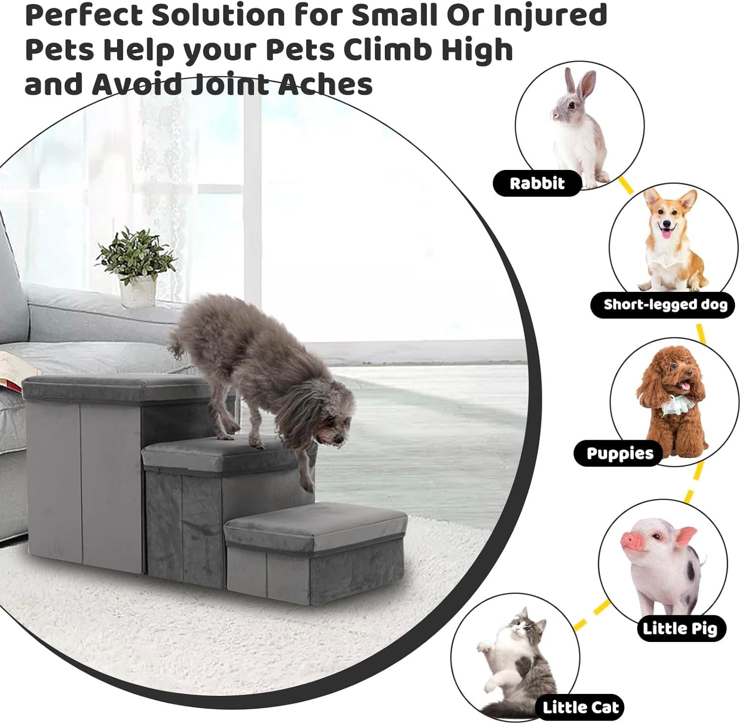 Black Folding 3 Step Dog Stairs Non Slip Plush Ladder