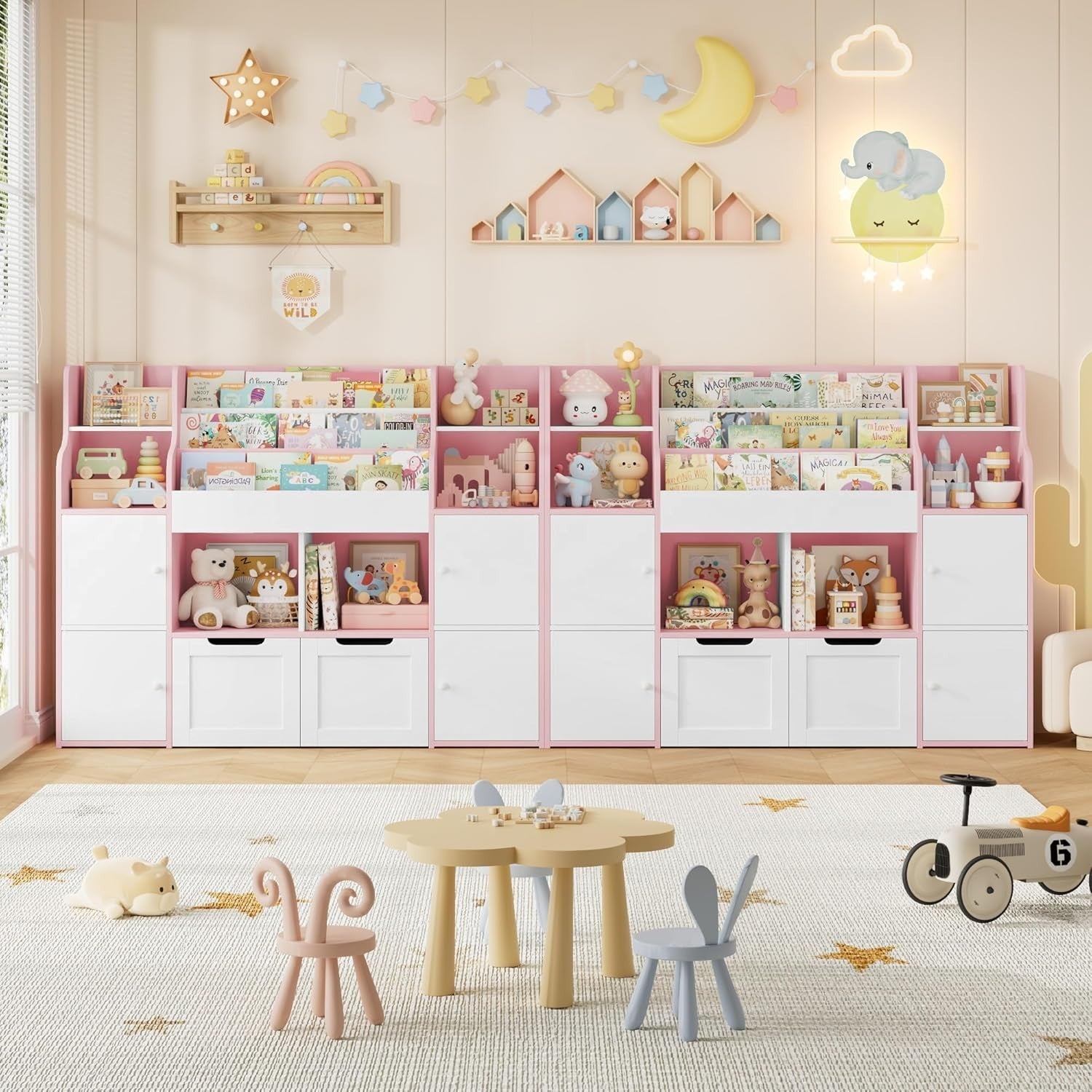 Kids Toy Storage Unit Bookcase with Doors Drawers & Shelves – White Pink