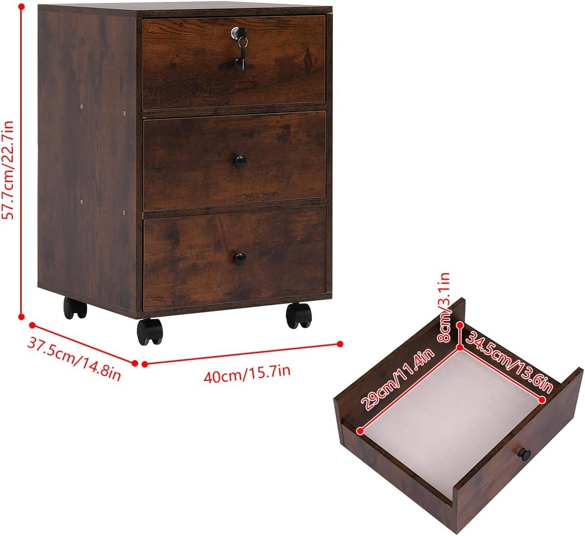 Rustic Brown Rolling 3 Drawer File Cabinet Top Lock Under Desk Storage