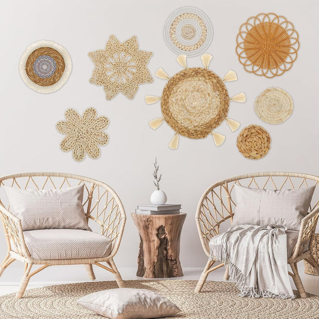 8PCS Boho Woven Wall Baskets Handmade Rattan Decor 7 Sizes