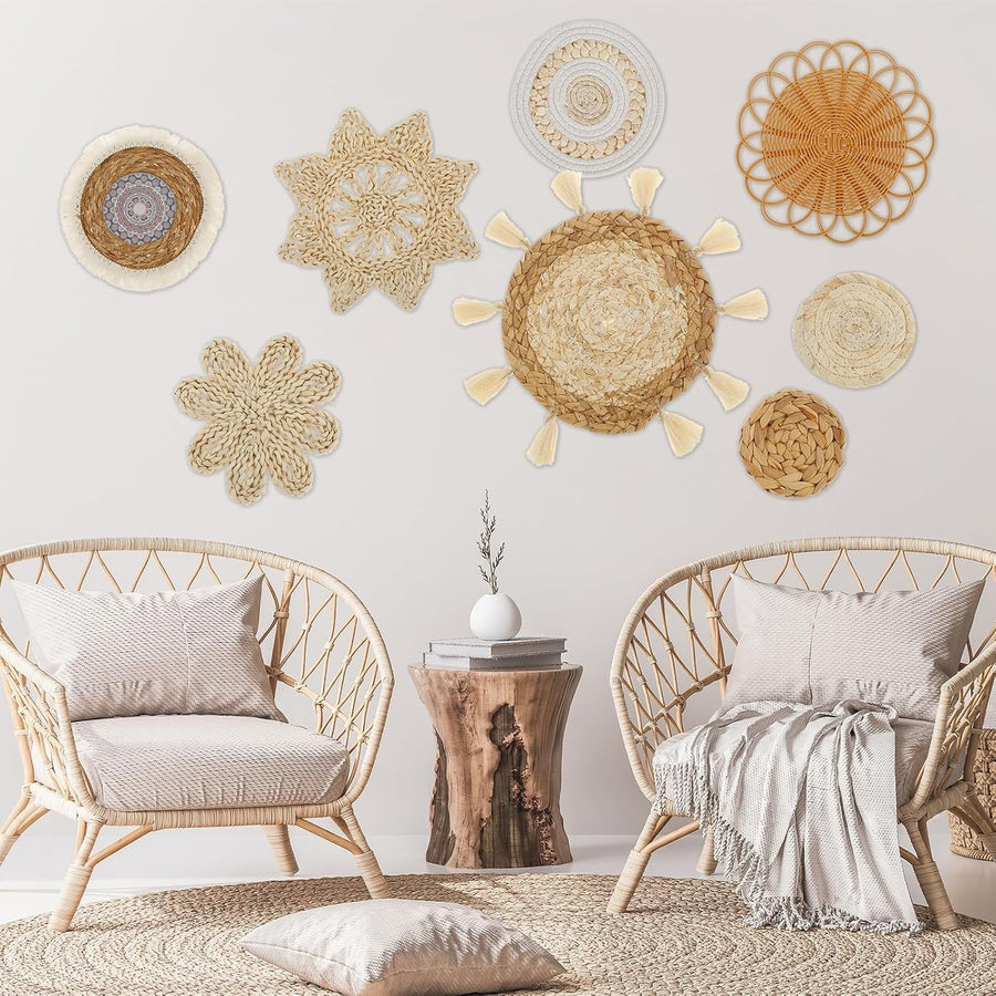 8PCS Boho Woven Wall Baskets Handmade Rattan Decor 7 Sizes