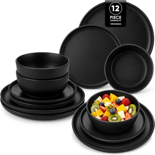 12pc Black Dinner Set Matte Glaze Plates Bowls Modern Microwave Safe