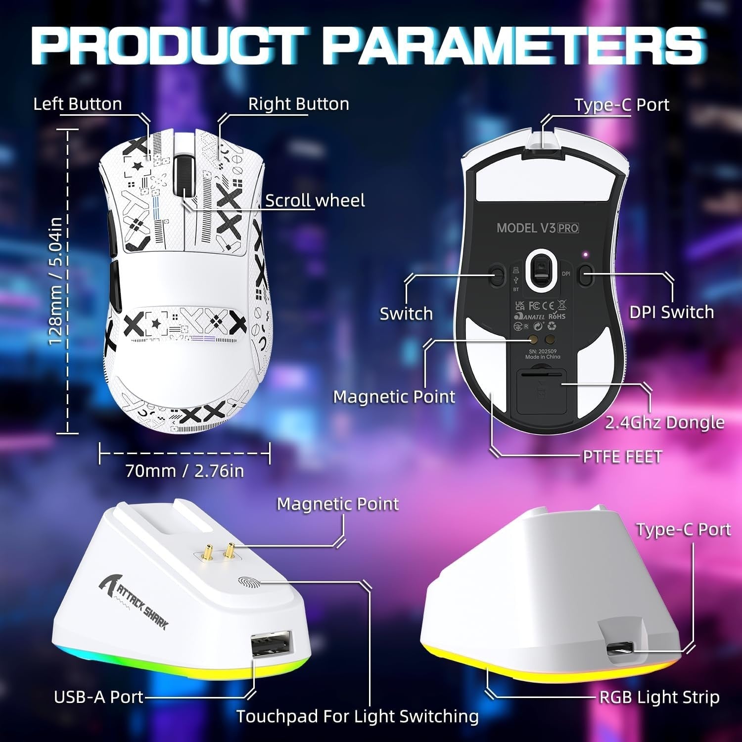 Wireless Gaming Mouse 25000 DPI 65g RGB Dock 100M Clicks