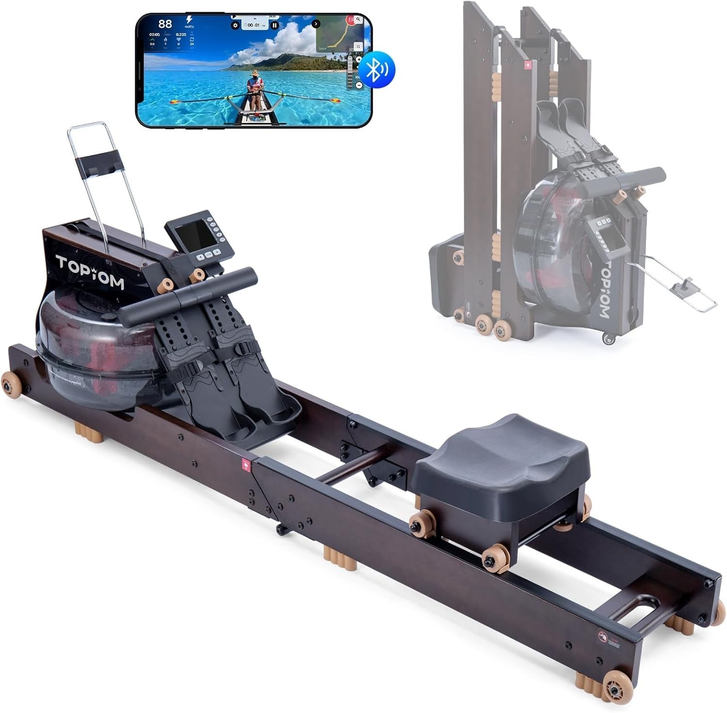 Foldable Oak Wood Water Rowing Machine Bluetooth TM3 Display Home Rower 182KG