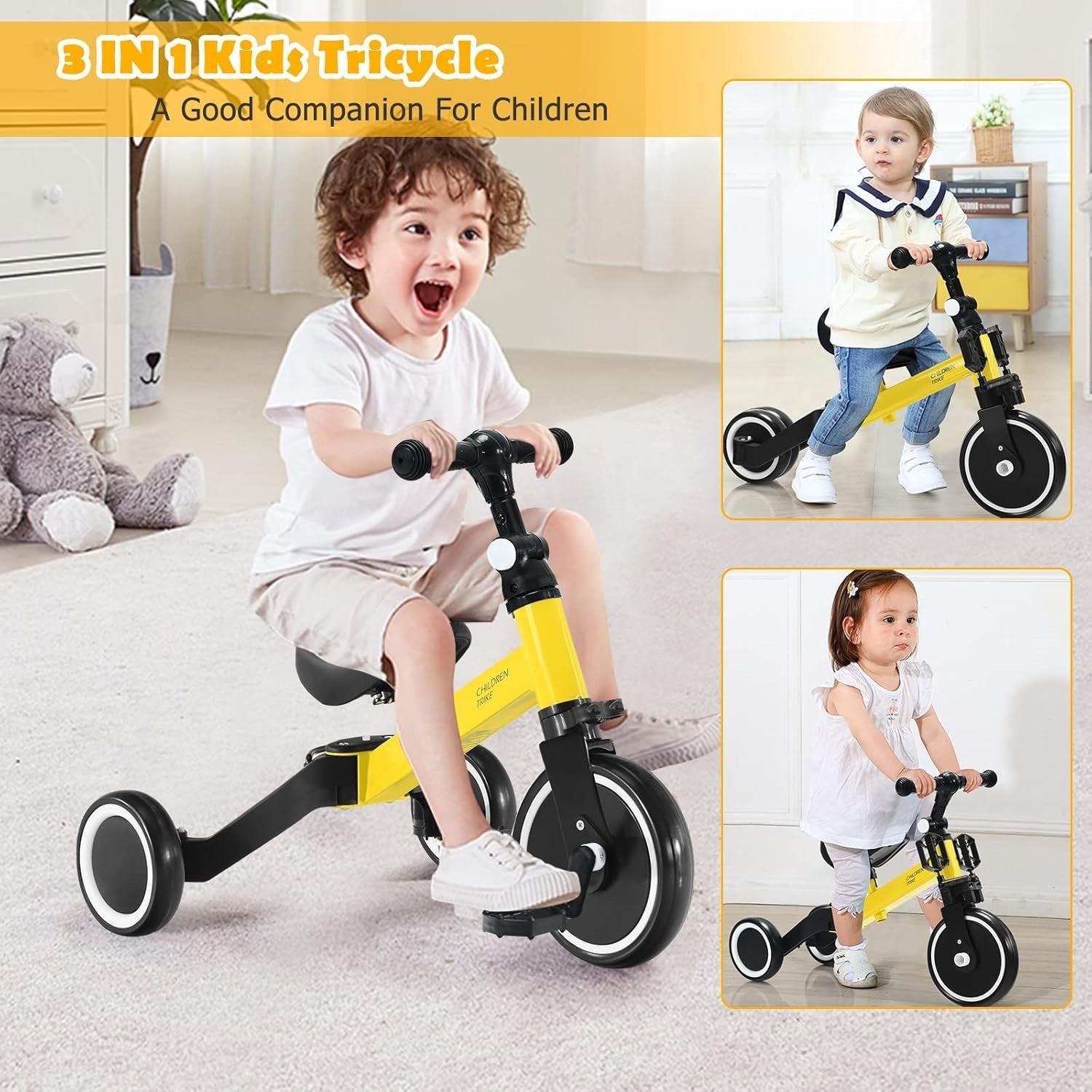 3 in 1 Toddler Tricycle Balance Bike Adjustable Seat Kids Trike 1-4Y
