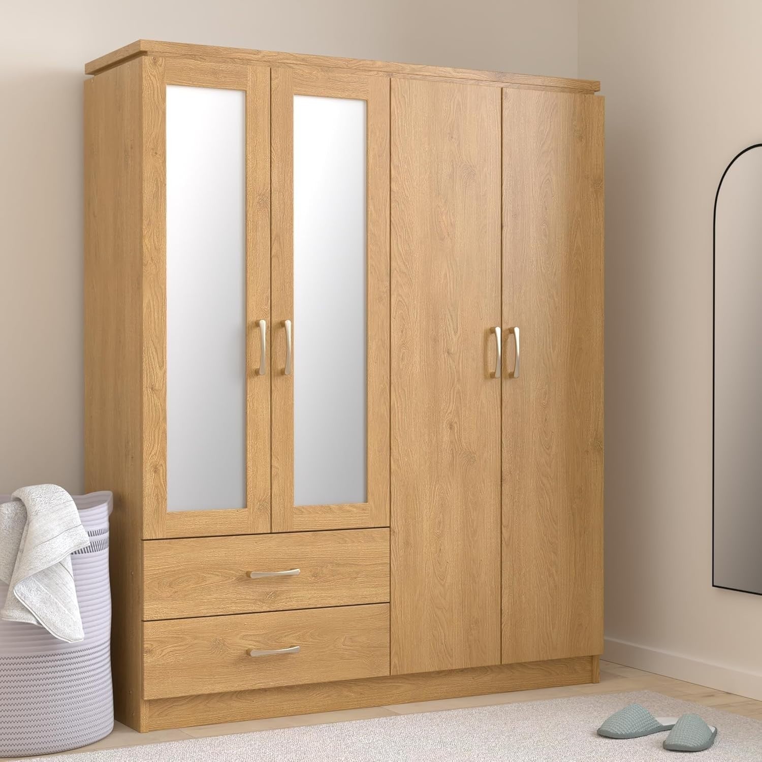 4 Door Mirrored Wardrobe Oak Effect Storage Drawers Modern Bedroom