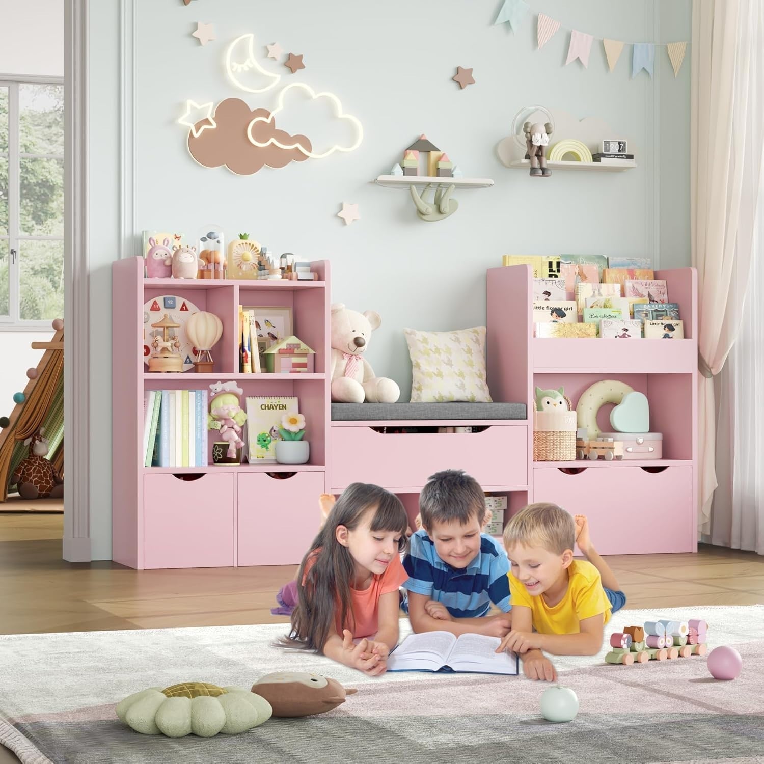Kids Toy Storage Unit with Bench, 3 Drawers & 7 Shelves – Pink Organizer