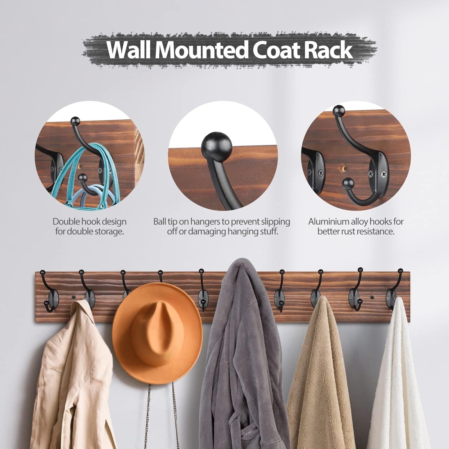 Vintage Wall Mounted Coat Rack 10 Hooks | Wooden Hanging Rack for Coats Hats
