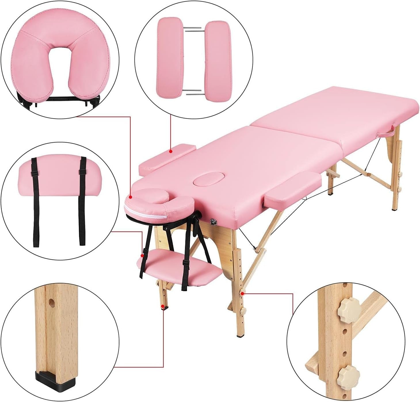 Portable Wood Massage Table Folding 2-Section Beauty Lash Bed Pink 60cm Width