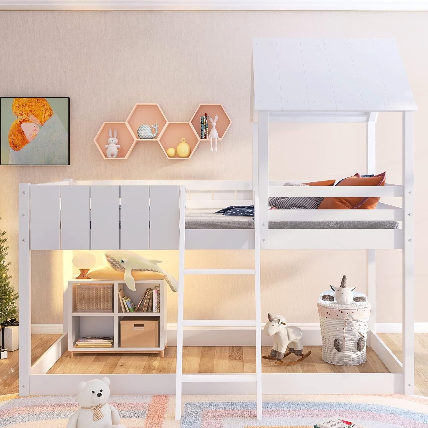 White Kids Bunk Bed with Canopy Ladder Storage | Mid Sleeper 90x190cm