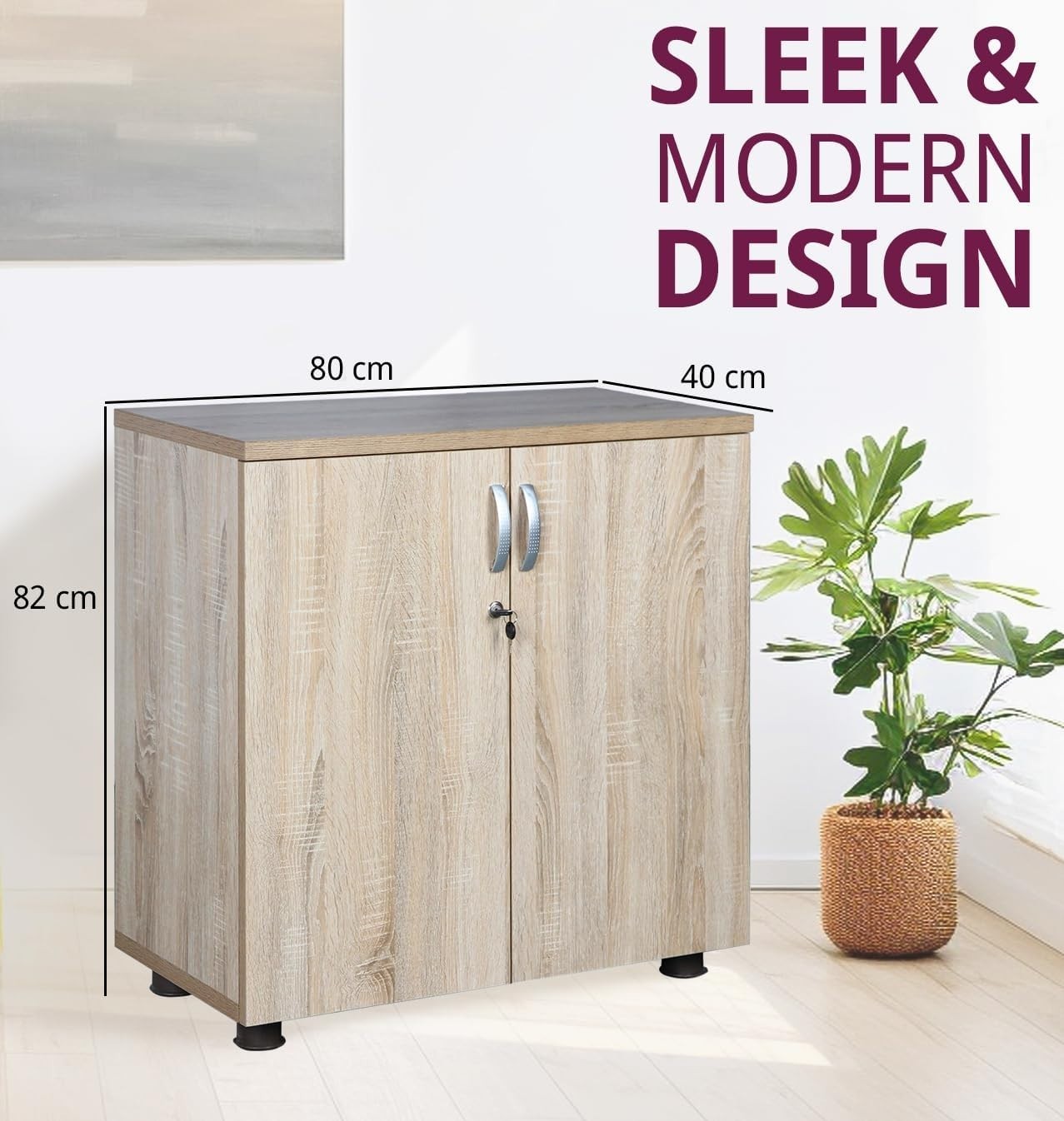 Oak Effect Lockable Office Cupboard Storage Cabinet with Shelf