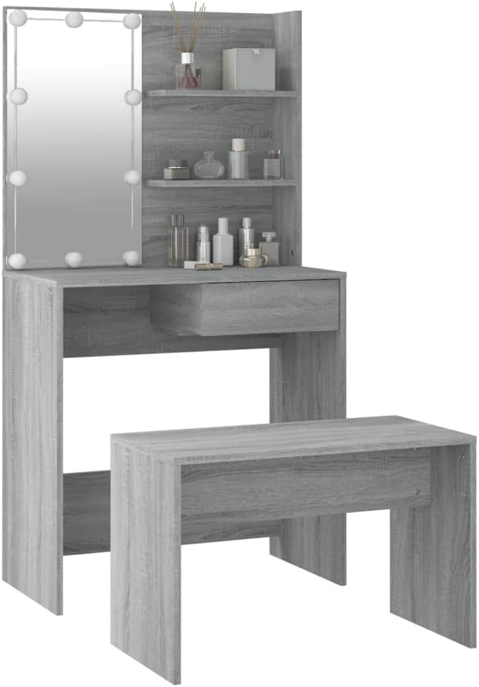 Grey Vanity Dressing Table w/ LED Light & USB Port Mirror Stool Storage Wood